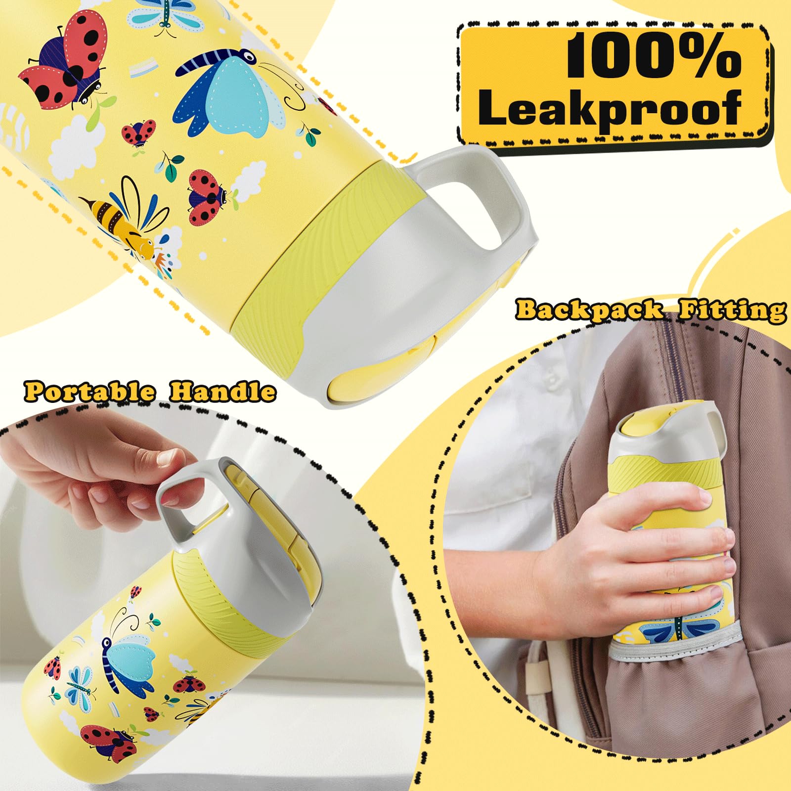 Kids Water Bottle For School, One-Click Open Stainless Steel Insulated Water Bottle With Straw Lid