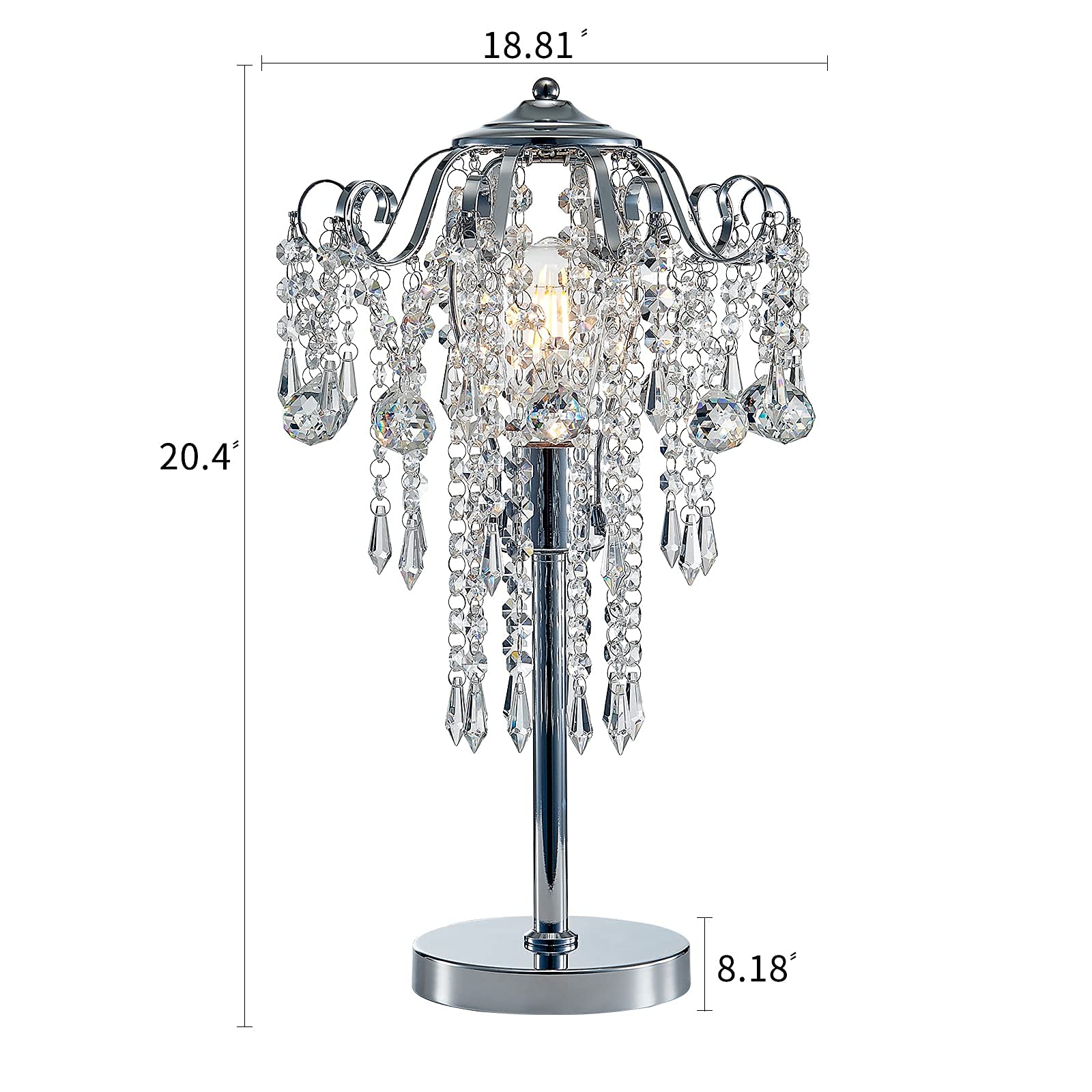 Meixisue Modern Table Lamp Chrome Metal And Clear Crystal Bedside Table Lamp End Table Lamp Nightstand Lamp For Bedroom Living Room Office Desk H20.4'' W11.81'' 1-Light E26