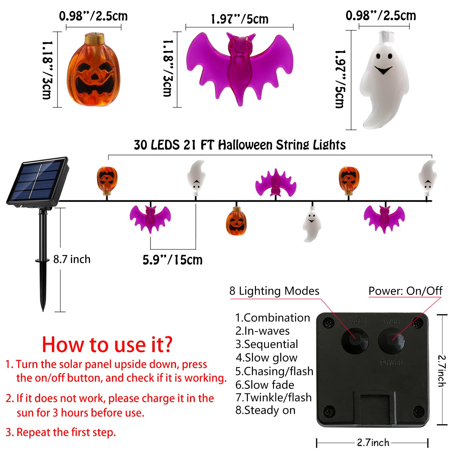 Mankinlu 21 Ft 30 Led 3D Pumpkin Bat Ghost Halloween String Lights, Waterproof Solar Powered, Indoor/Outdoor