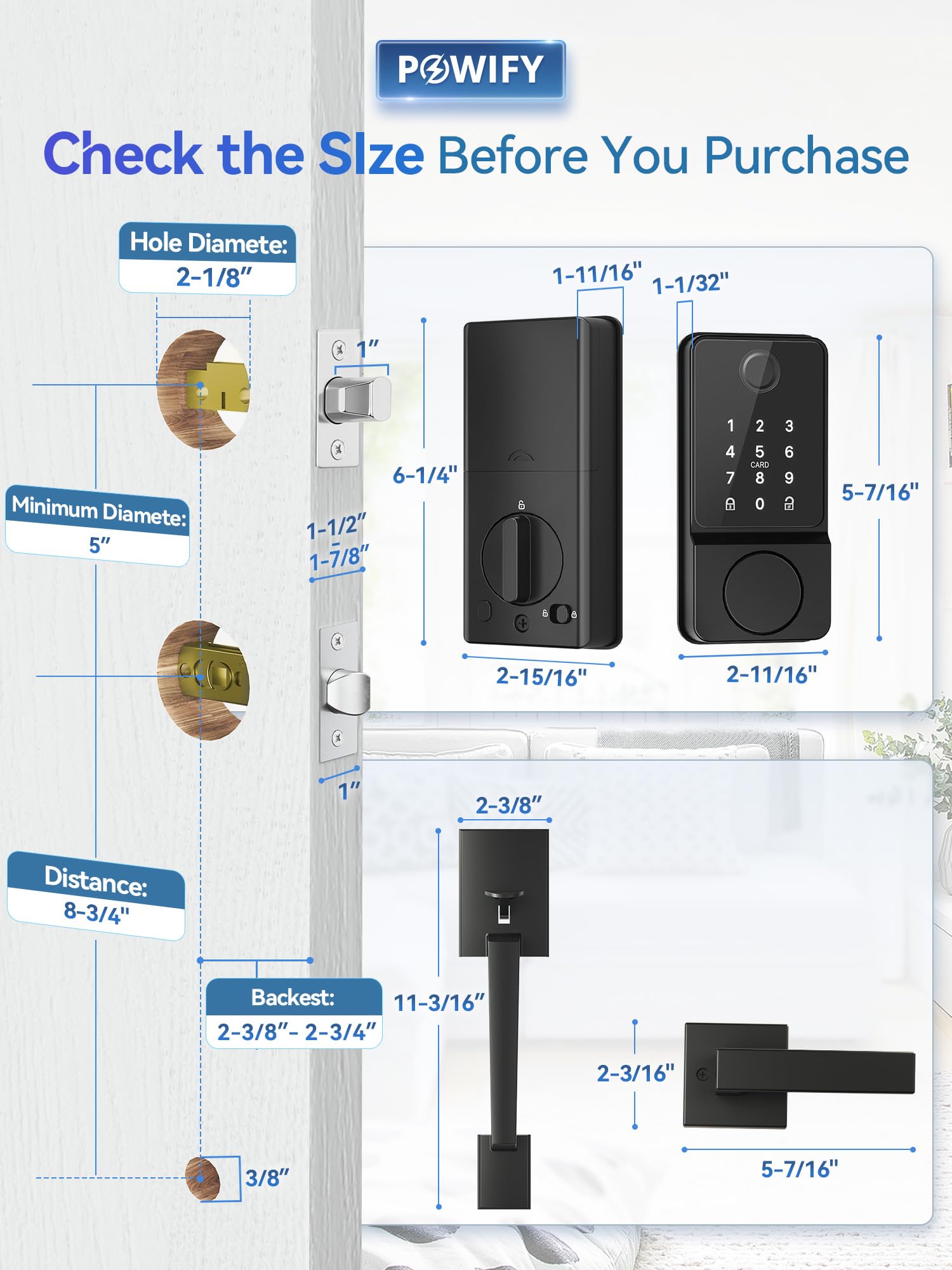 Powify Keyless Entry Door Lock With Handle, App Control Smart Front Lock Set, Keypad Door Lock With Handle, Keypad Deadbolt Auto Lock, Easy To Install, Bluetooth, Black
