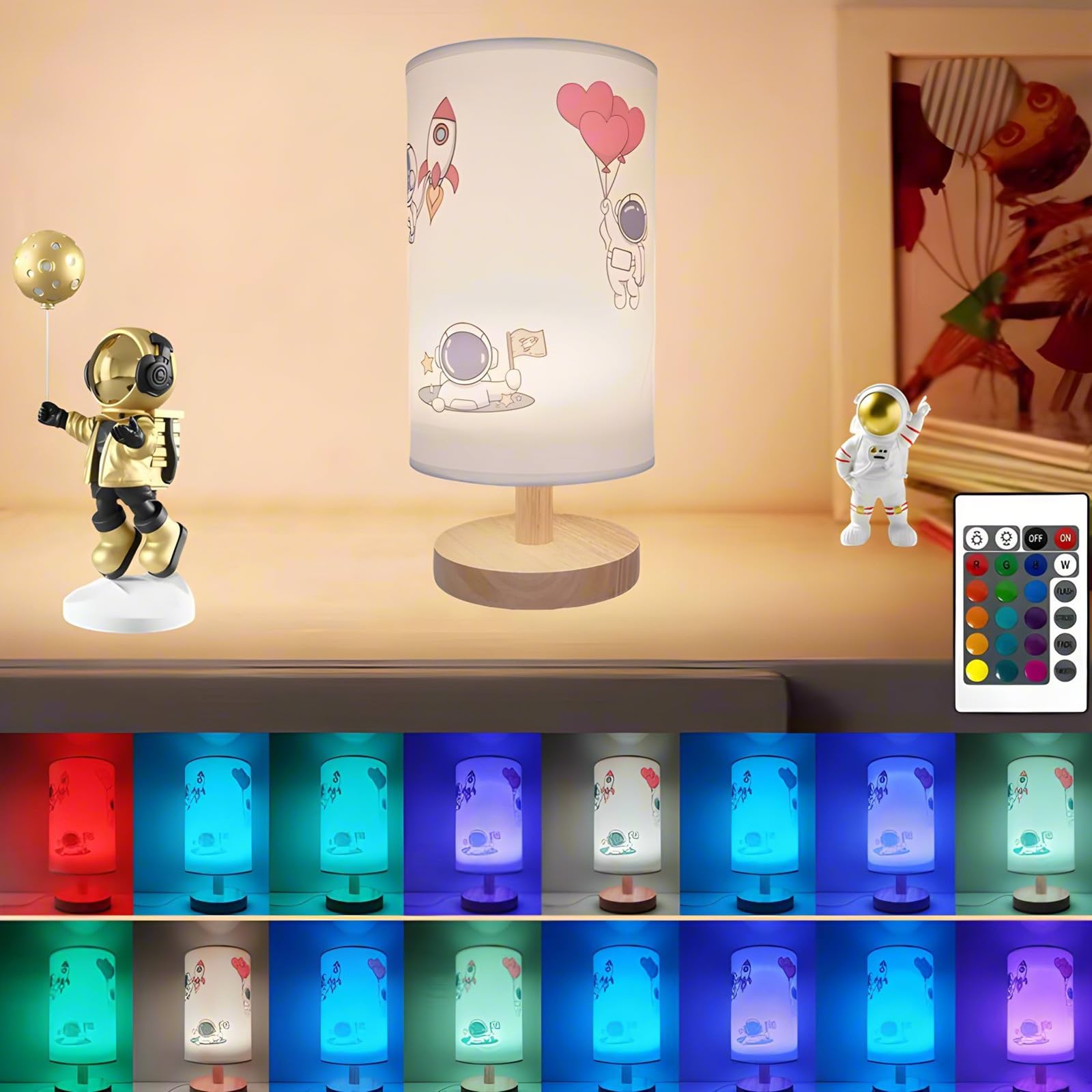 Hakseifa Astronaut Small Table Lamp For Kids Bedroom,16 Colors Dimmable Bedside Lamps With Remote Control, Night Stand Light Lamp With Pressed Astronaut Shade For Kids Room,Dorm,Children'S Room Decor