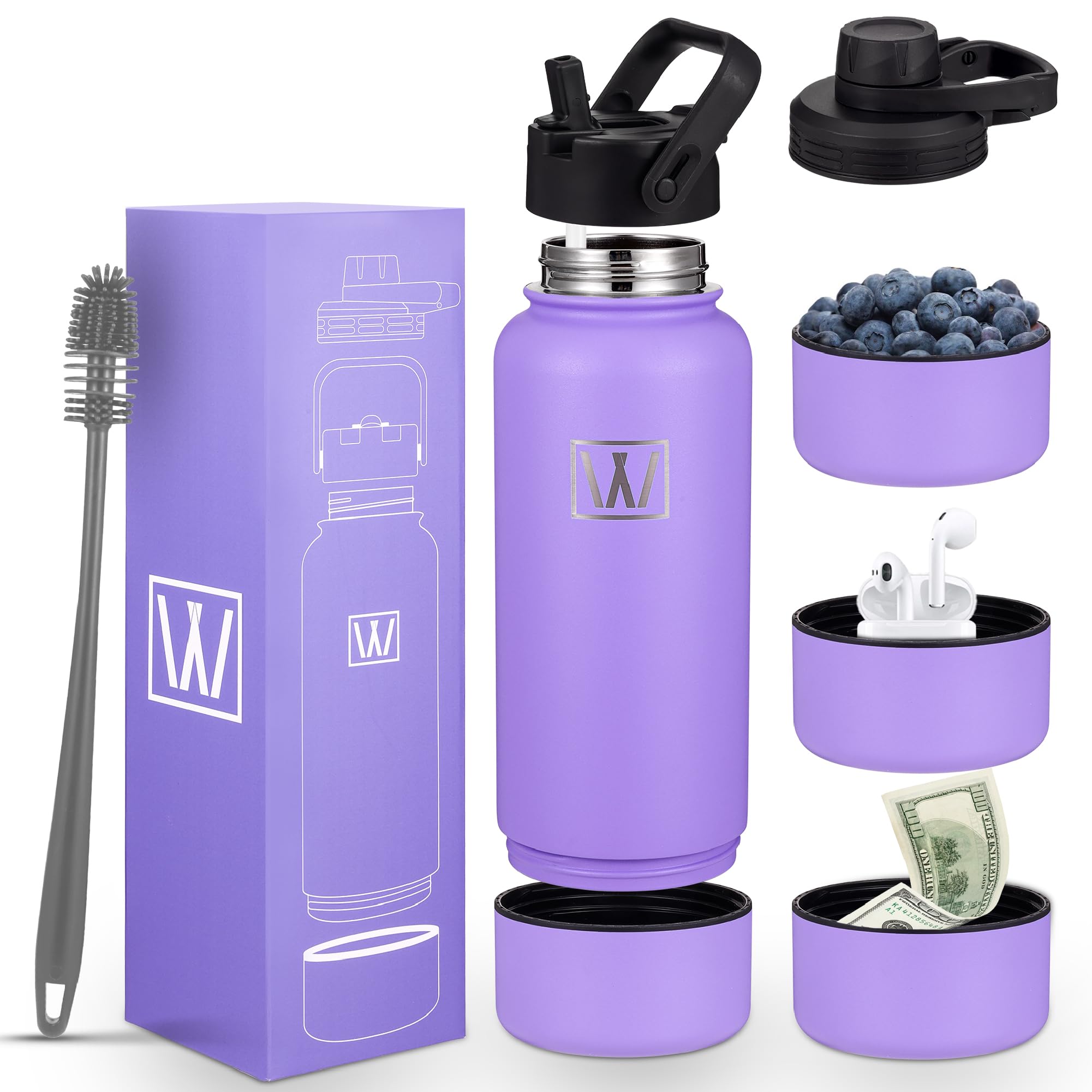 Insulated Sports Water Bottle - Wongle 32 Oz Water Bottle With Discrete Storage Compartment