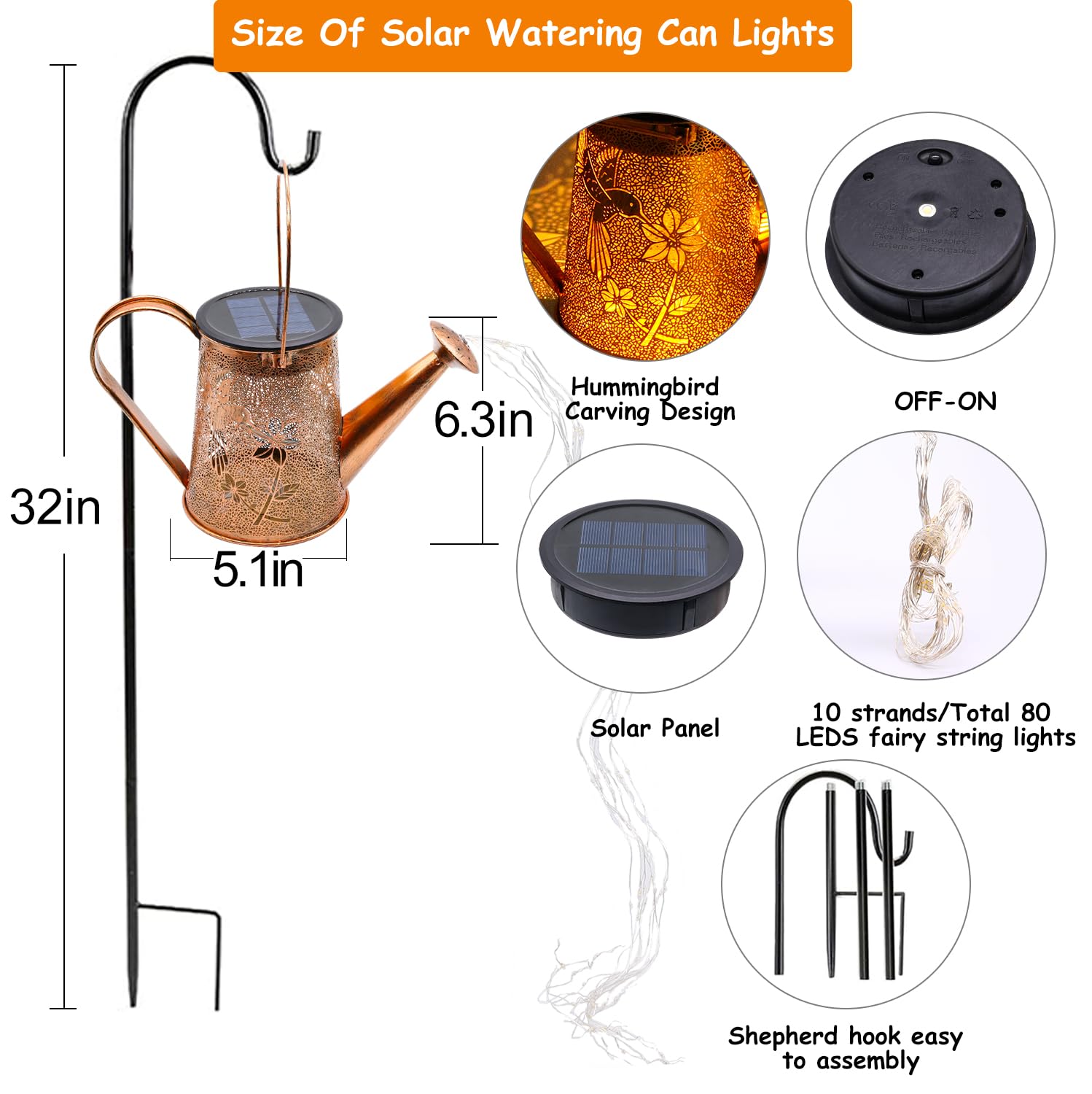 Yjfwal 2 Pack Solar Watering Can With Lights,Hummingbird Pattern+Copper Coin Pattern