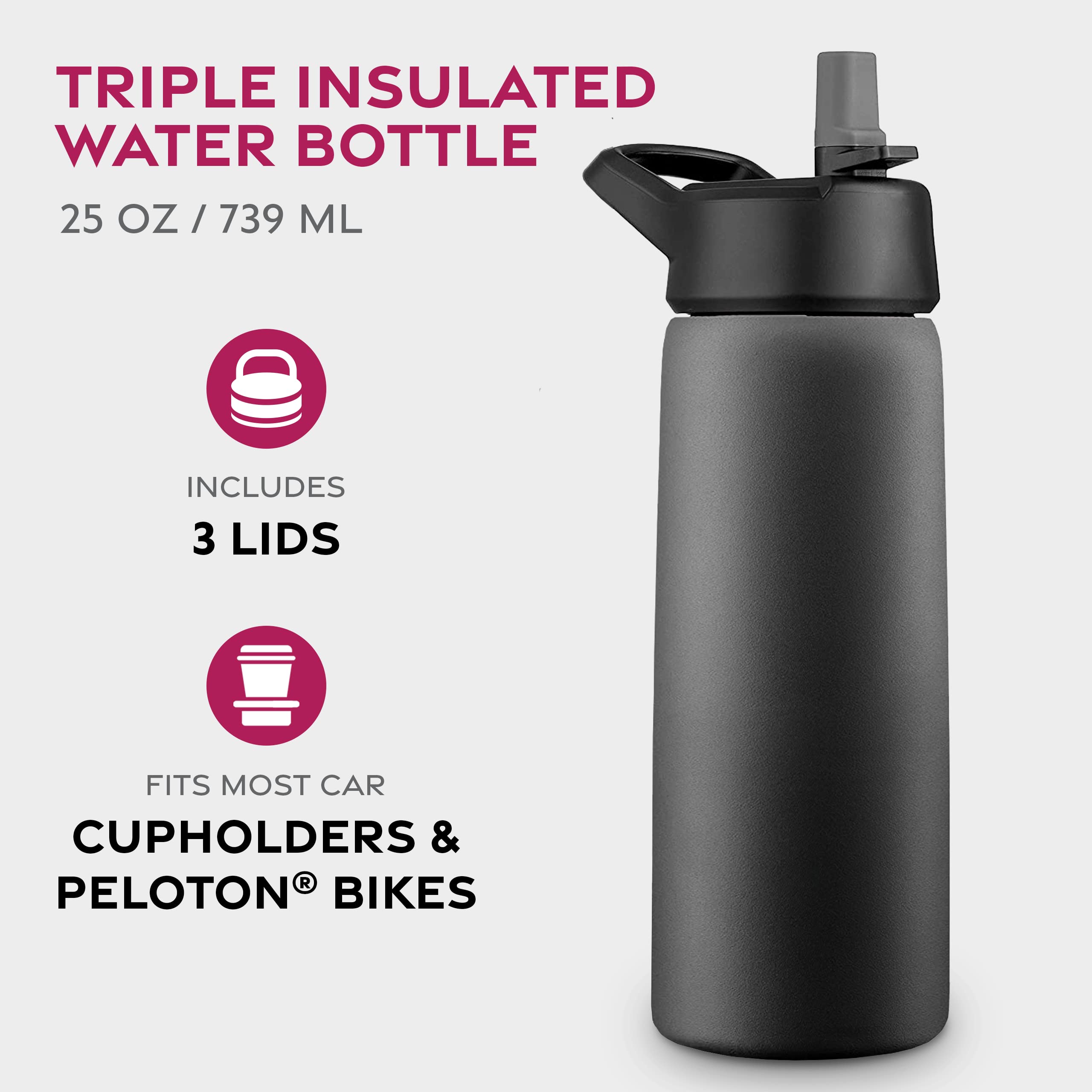 Finedine Triple Walled, Insulated Water Bottles With Straw - 25 Oz Stainless Steel Metal Bottle