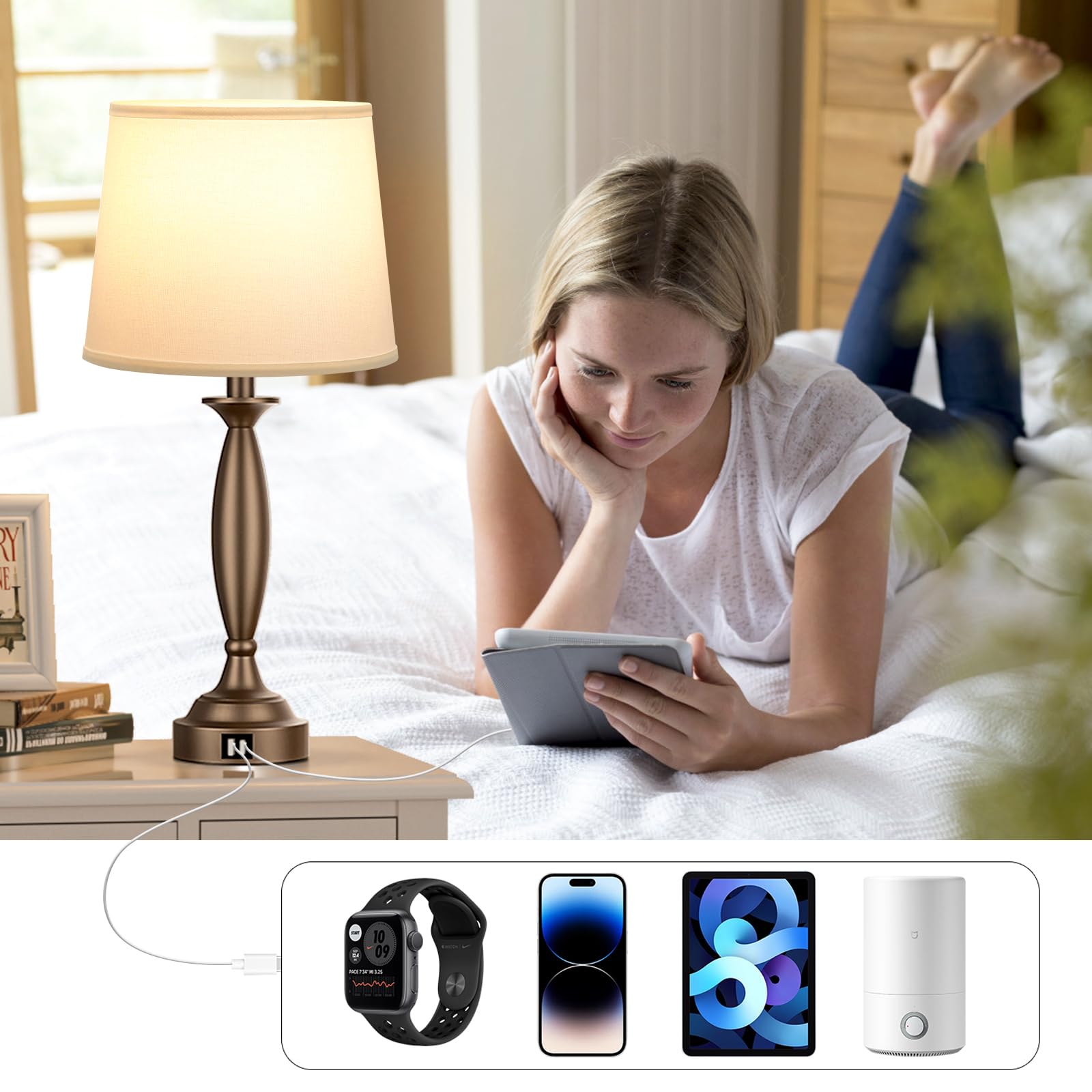 Seealle White Brown Lamps For Bedrooms Set Of 2 - Touch Control Bedside Lamp With Usb C+A, 3 Way Dimmable Nightstand Lamps With Usb Port, Table Lamp For Living Room(White Shade And Brown Base)