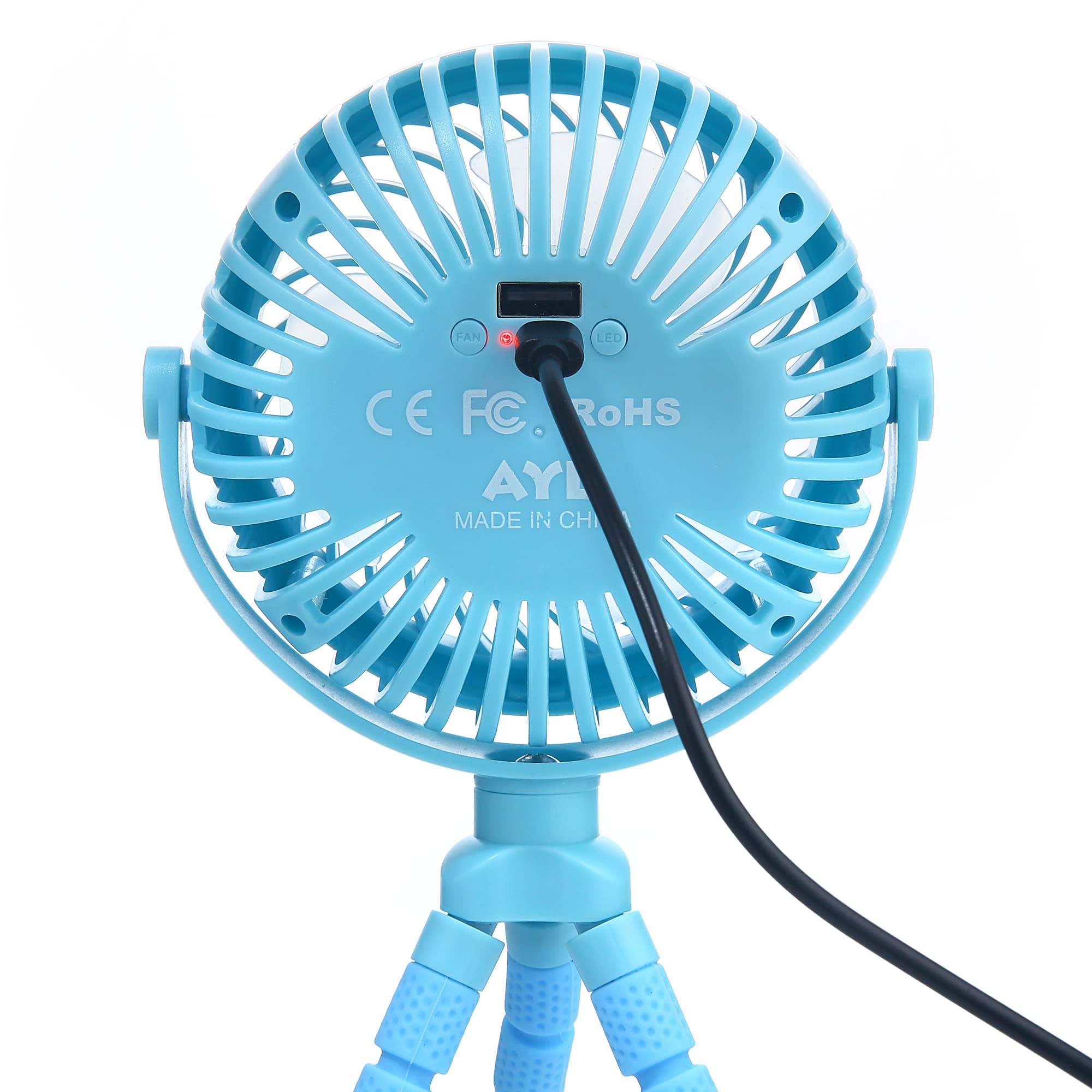 Small Ayl portable fan with 360° rotation, USB rechargeable, and lights, perfect for stroller cooling