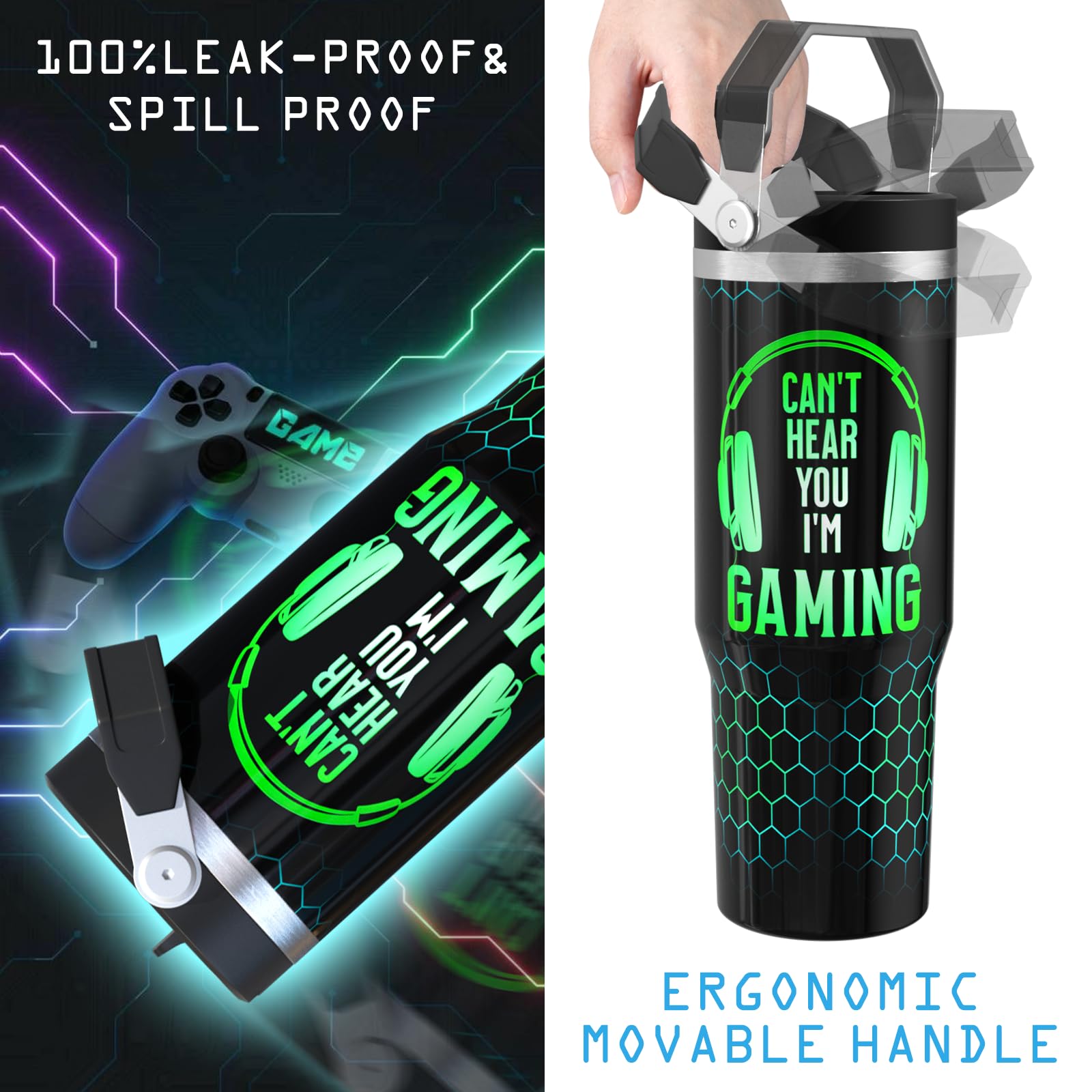 30 Oz Gamer Tumbler With Straw, 30Oz Gaming Flip Straw Tumbler Insulated Coffee Travel Mugs