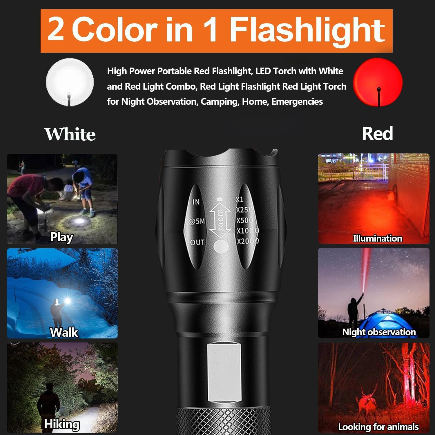 Hyvczp Rechargeable 2 In 1 Red Flashlight, Portable Waterproof Red Light Flashlight, Led Flashlight With White And Red Light Combination, Red Light For Night Observation, Astronomy, Aviations