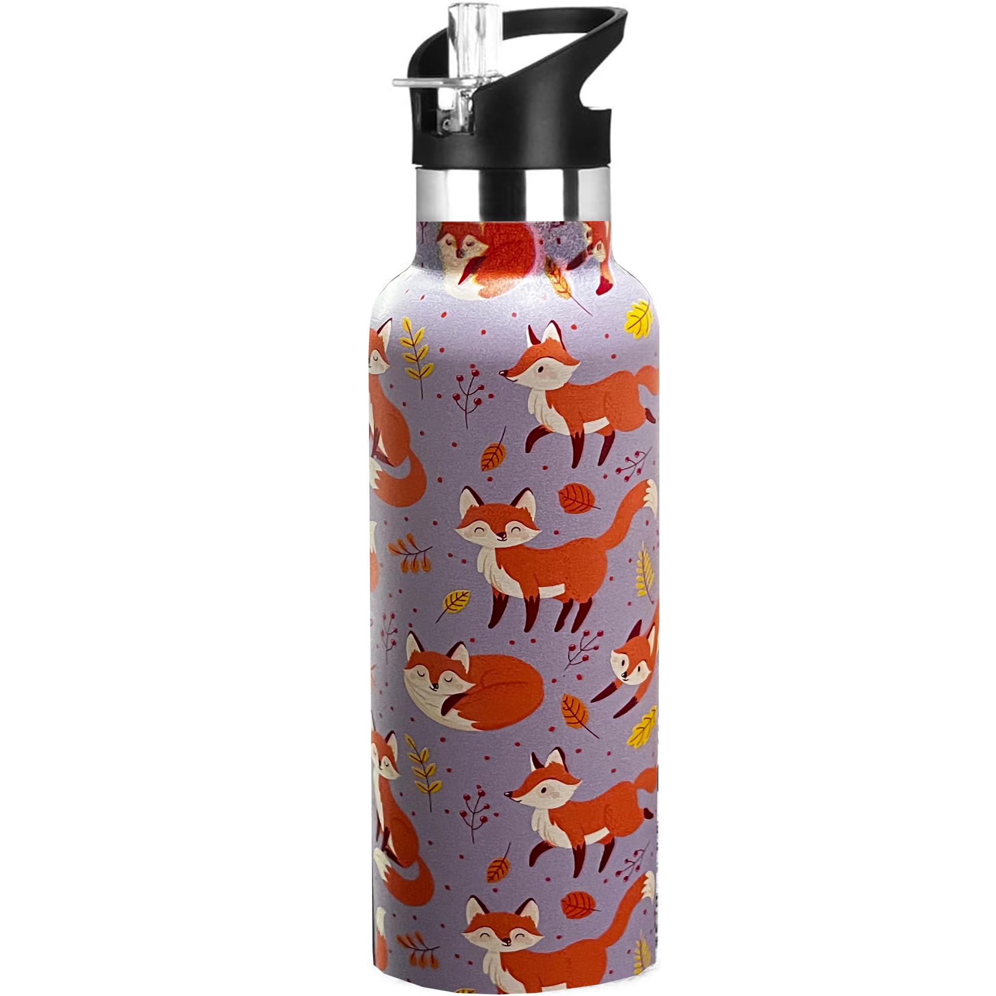 Kids Water Bottle With Straw,Fox Bottle Vacuum Insulated Stainless Steel Travel Mugs Tumbler
