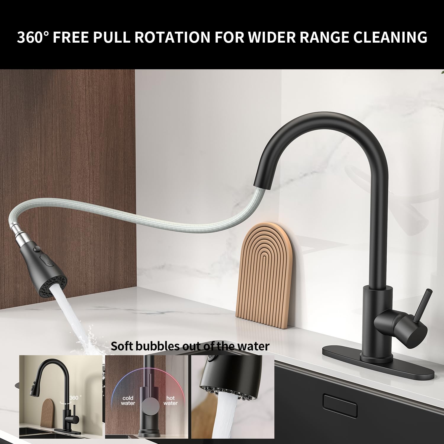 Oersitor Kitchen Faucet With Pull Down Sprayer,Stainless Steel Single Handle Kitchen Faucet,Multiple Modes Switch Water,1/3 Hole, Deck Plate Included (Black)