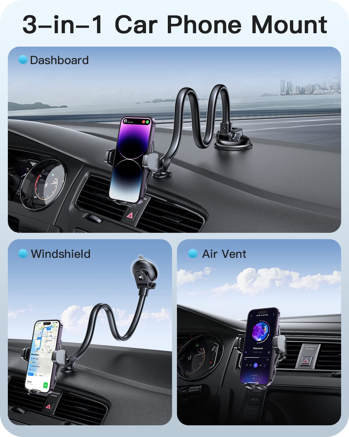 Apps2Car Car Phone Holder Mount Gooseneck Dashboard Windshield Suction Cup Phone Mount Anti-Shake Stabilizer Phone Car Cradle Compatible With All Cellphones & Thick Phone Case-H3S Carbon Fiber Style