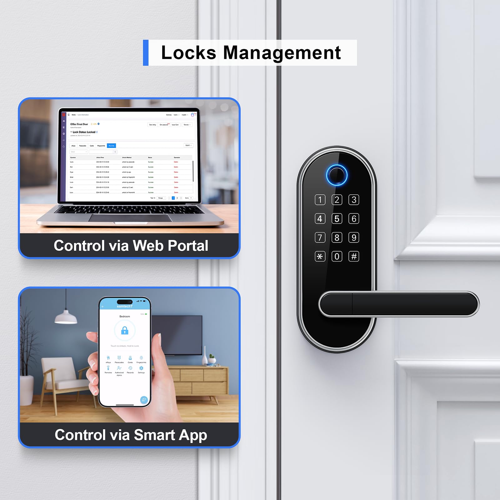 Samtecht Keyless-Entry Keypad Fingerprint Smart Lock: Digital Door Lock With Code Passcode, Electronic Door Handle, Biometric Door Knob For Entry Door, Bedroom Door (Silver)