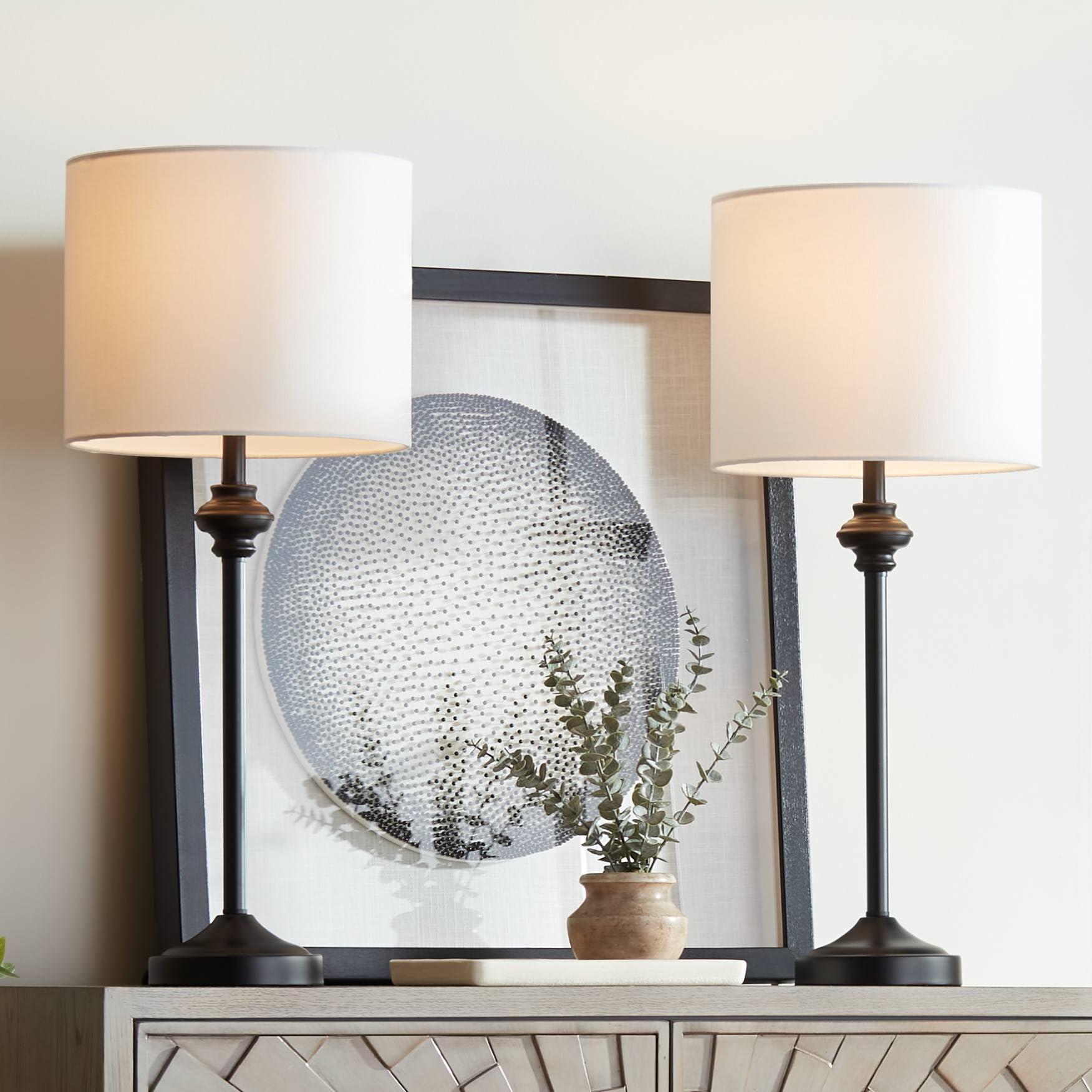 360 Lighting Lynn 26" Tall Skinny Buffet Modern Table Lamps Set Of 2 Black Metal Fabric White Shade Living Room Bedroom Bedside Nightstand House Office Home Reading Kitchen Entryway Console Family