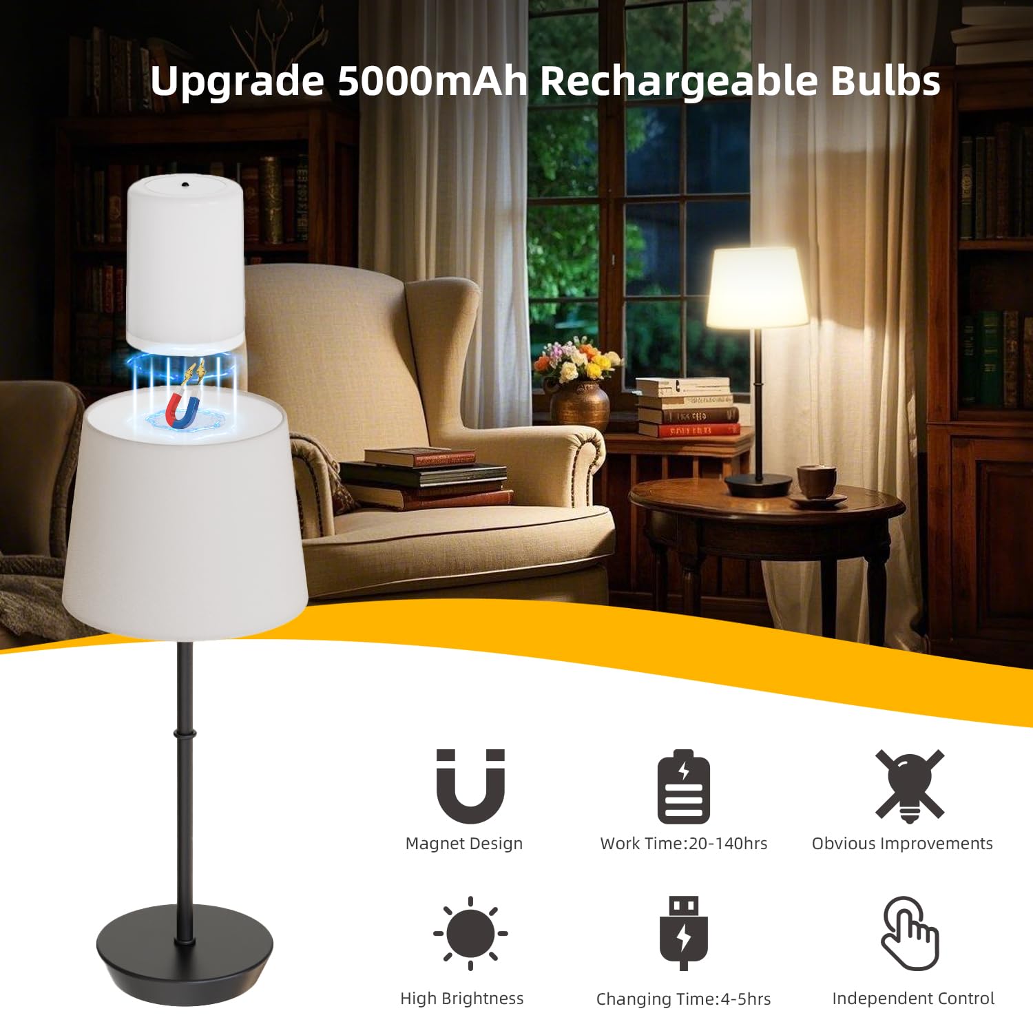 Yinglap Rechargeable Table Lamp, 5000Mah Battery Powered Cordless Desk Lamp With Dimmable Magnetic Rgb Bulbs & Remote, Wireless Mini Touch Lamp For Living Room, Restaurant, Kitchen Counter, Bedside