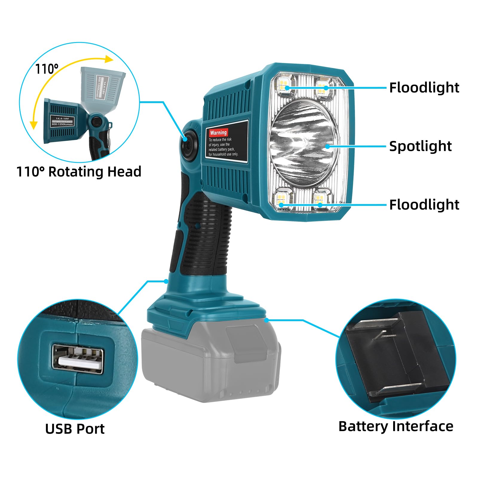 Dteztech Cordless Flashlight For Makita 18V Lxt Lithium-Ion Battery, 18W 1250Lm Led Work Light With Usb Port, Jobsite Light With 110 Degree Pivoting Head Indoor Outdoor Use