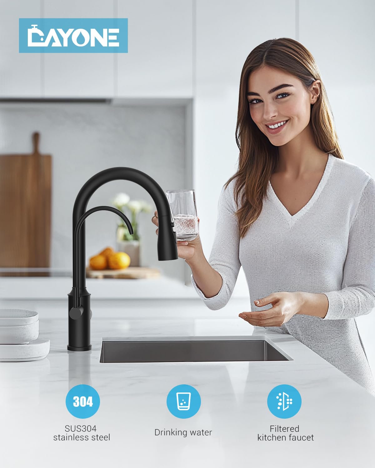 Dayone Matte Black Kitchen Faucet With Drinking Purfied Water Faucet, 3 Holes High Arc 3 In 1 Sink Tap Stainless Steel, Two-Handle 3-Way Pull Down Sprayer, (Without System)
