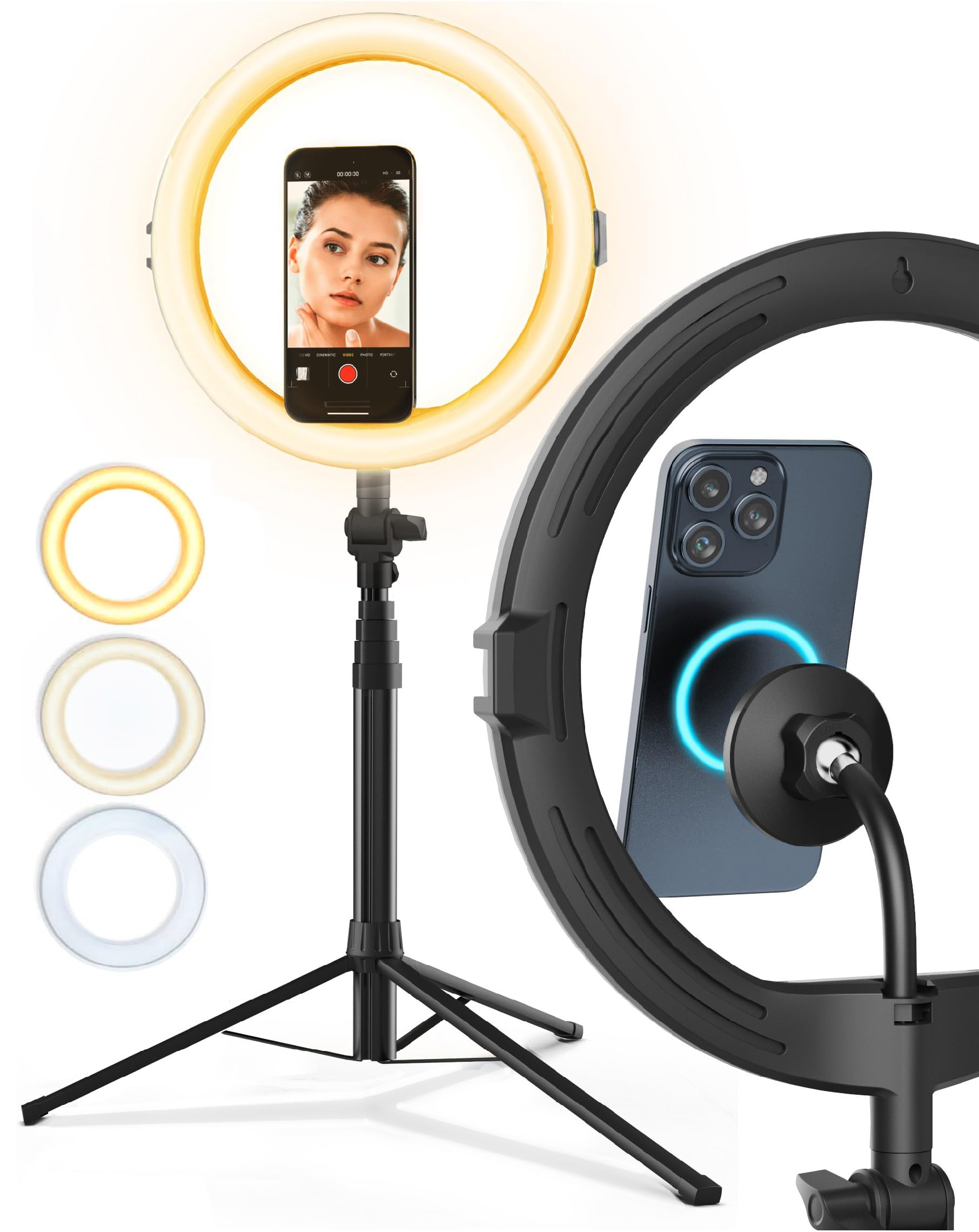 Galvanox Magnetic Ring Light Stand For Iphone Content Creators - Compatible With Magsafe Magnet Phone Holder, 63" Extendable Folding Portable Tripod (Adjustable Tone/Brightness)