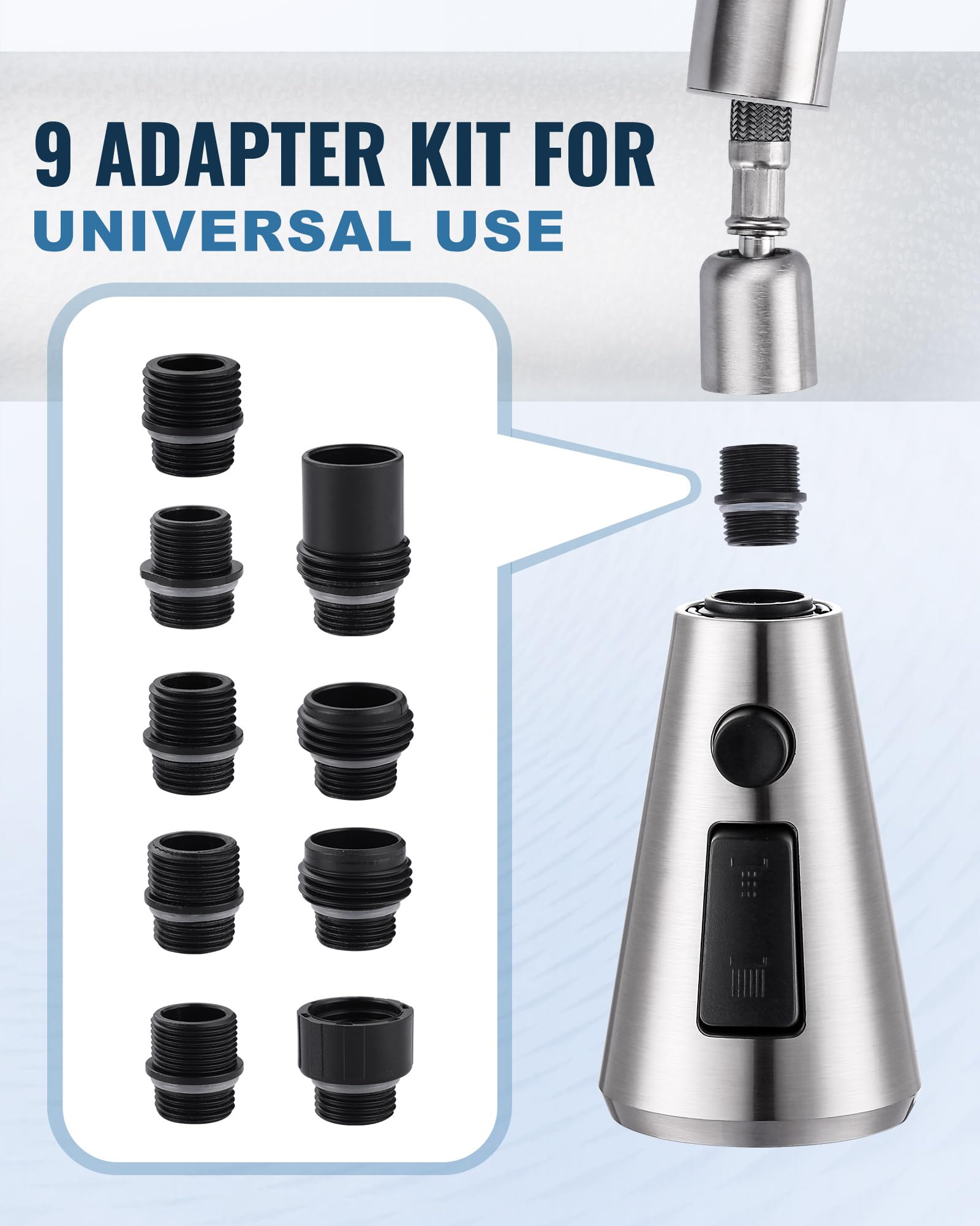 Aleasha Pull Down Spray Head For Kitchen Faucet,3-Function Sink Spray Nozzle With 9 Adapters,Kitchen Faucet Head Replacement Compatible With Moen,American Standard Faucets,Brushed Nickel