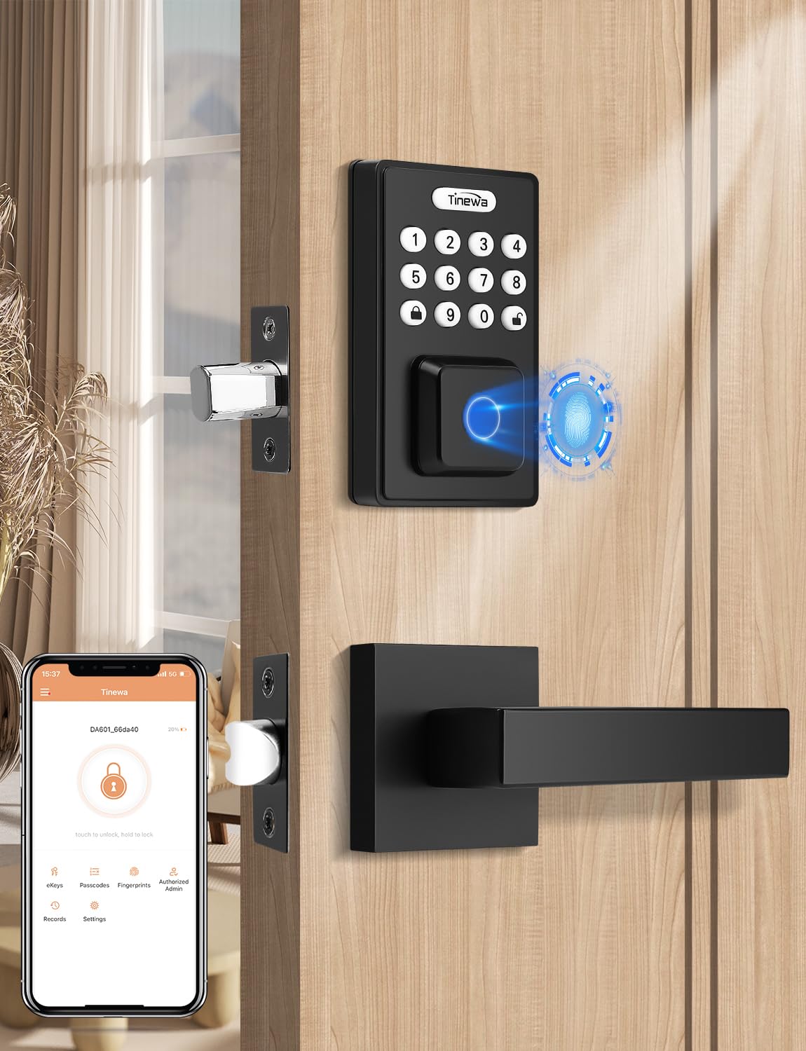 Tia Keyless Entry Door Lock With 2 Lever Handles, Fingerprint Entry Door Handleset, Electronic Digital Keypad Deadbolt With App, Auto Lock & One Touch Locking, Front Smart Door Handle Sets, Black