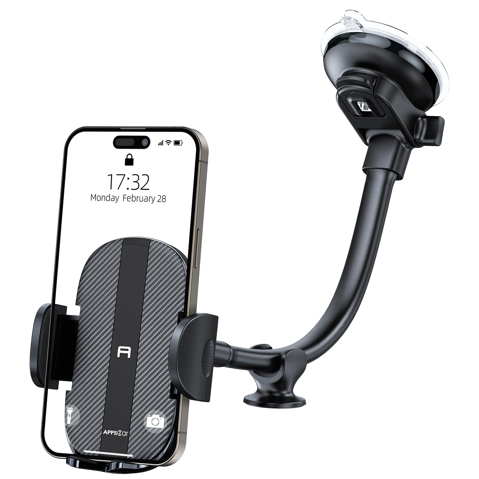 Apps2Car Cell Phone Holder For Car Dashboard Windshield Phone Mount For Car Long Arm Car Phone Holder Mount Strong Suction Cup Anti-Shake Stabilizer Compatible For Iphone, Samsung, All Smartphones