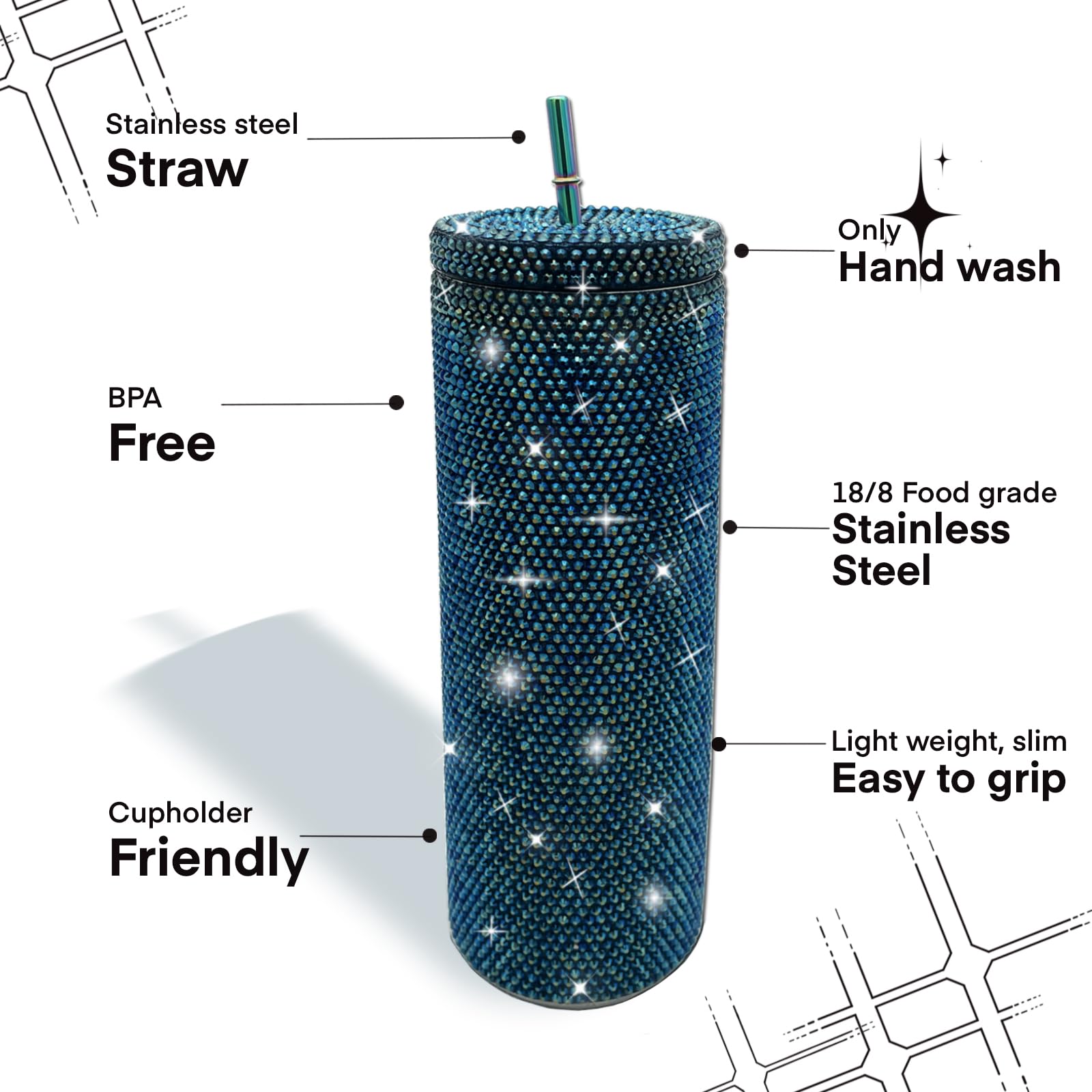 20Oz Bling Diamond Tumbler With Lid And Straw Studded Skinny Tumbler Stainless Steel Vacuum