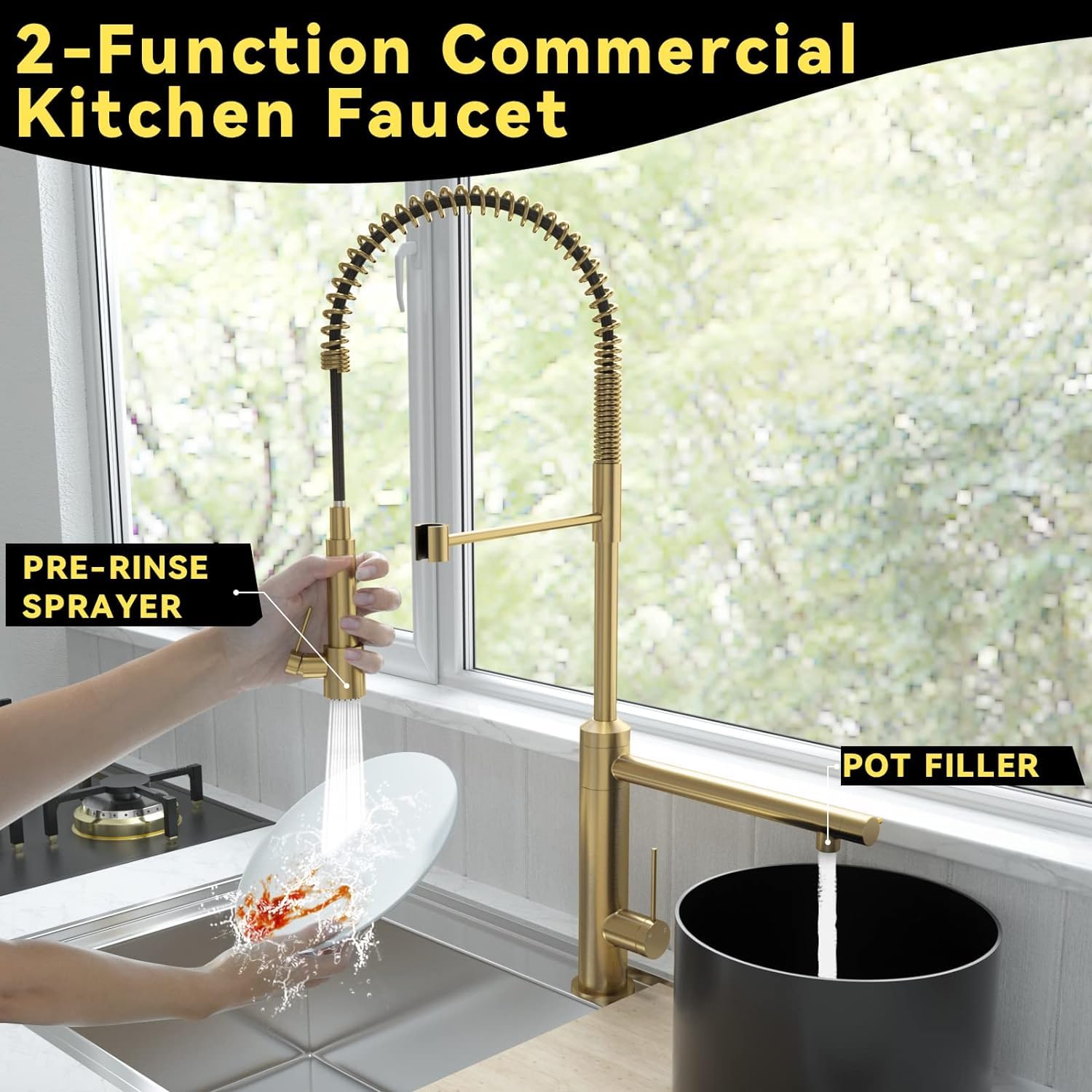 Cwm Brushed Gold Kitchen Faucet With Pull Down Sprayer And Pot Filler,2-Function High Arch Single Handle Commercial Style Kitchen Faucets With Spring Spout For Kitchen Sink,26.61Inch, Kh127