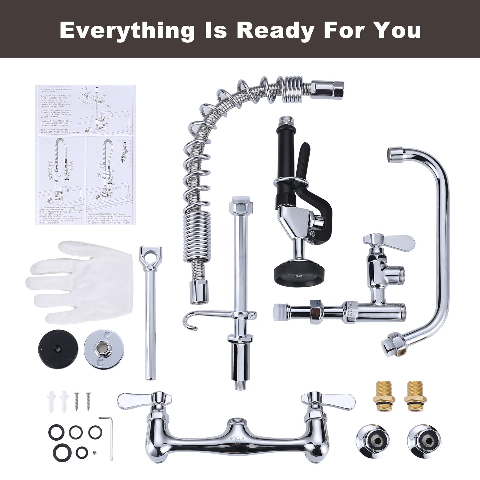 Iviga Commercial Kitchen Faucet Wall Mount With Pre-Rinse Sprayer 8 Inch Center Wall Mount Kitchen Sink Faucet With 9.6" Add-On Swing Spout 25" Height Faucet With Pull Down Spray