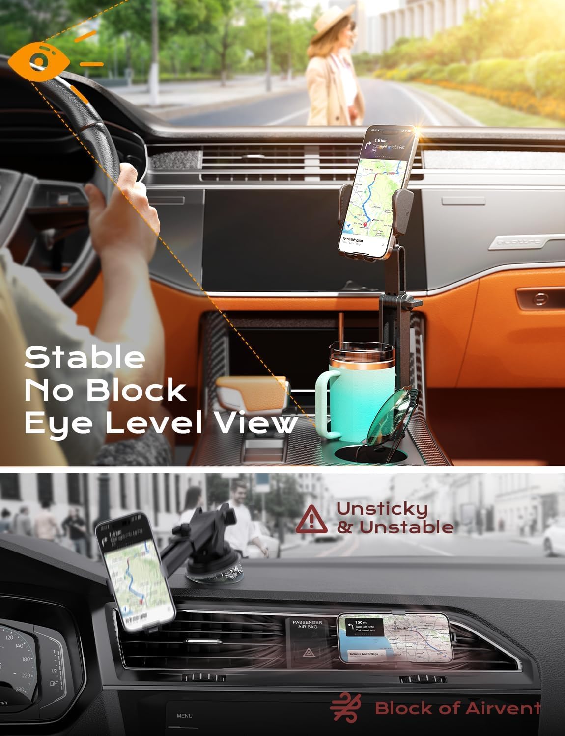 Tazeni 2-In-1 Cup Holder Cell Phone Holder For Your Car Bottle Friendly Cup Cell Phone Holder Mount For Car Height Adjustable Sturdy Fit 4-7 Inches Phones