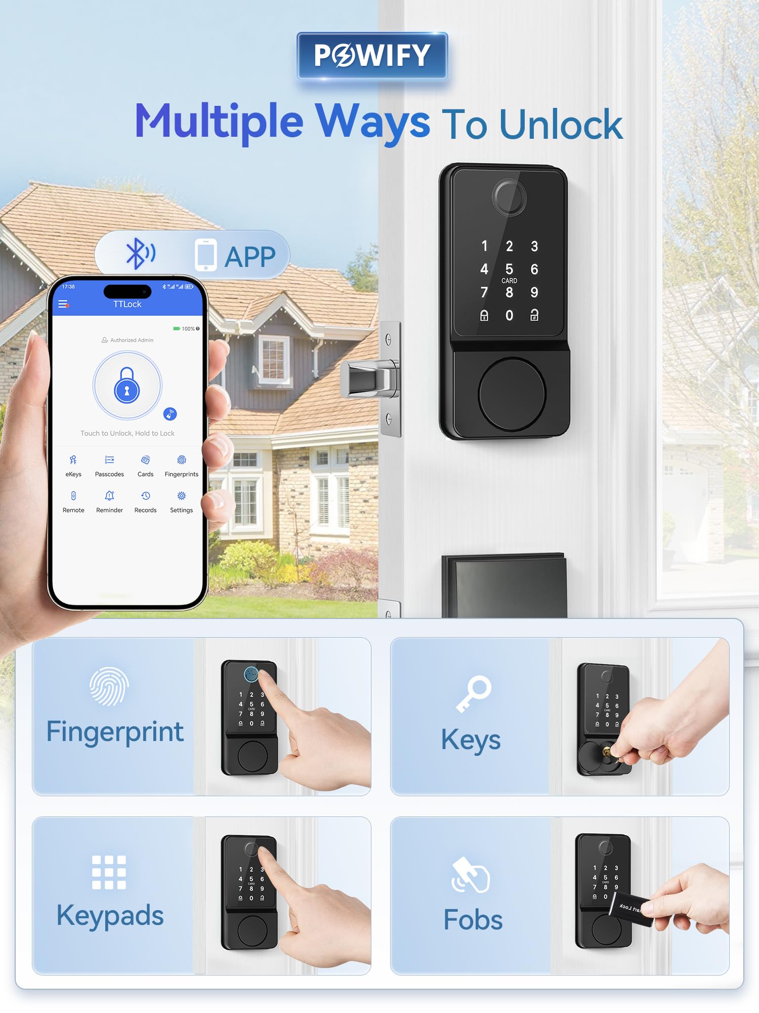 Powify Keyless Entry Door Lock With Handle, App Control Smart Front Lock Set, Keypad Door Lock With Handle, Keypad Deadbolt Auto Lock, Easy To Install, Bluetooth, Black
