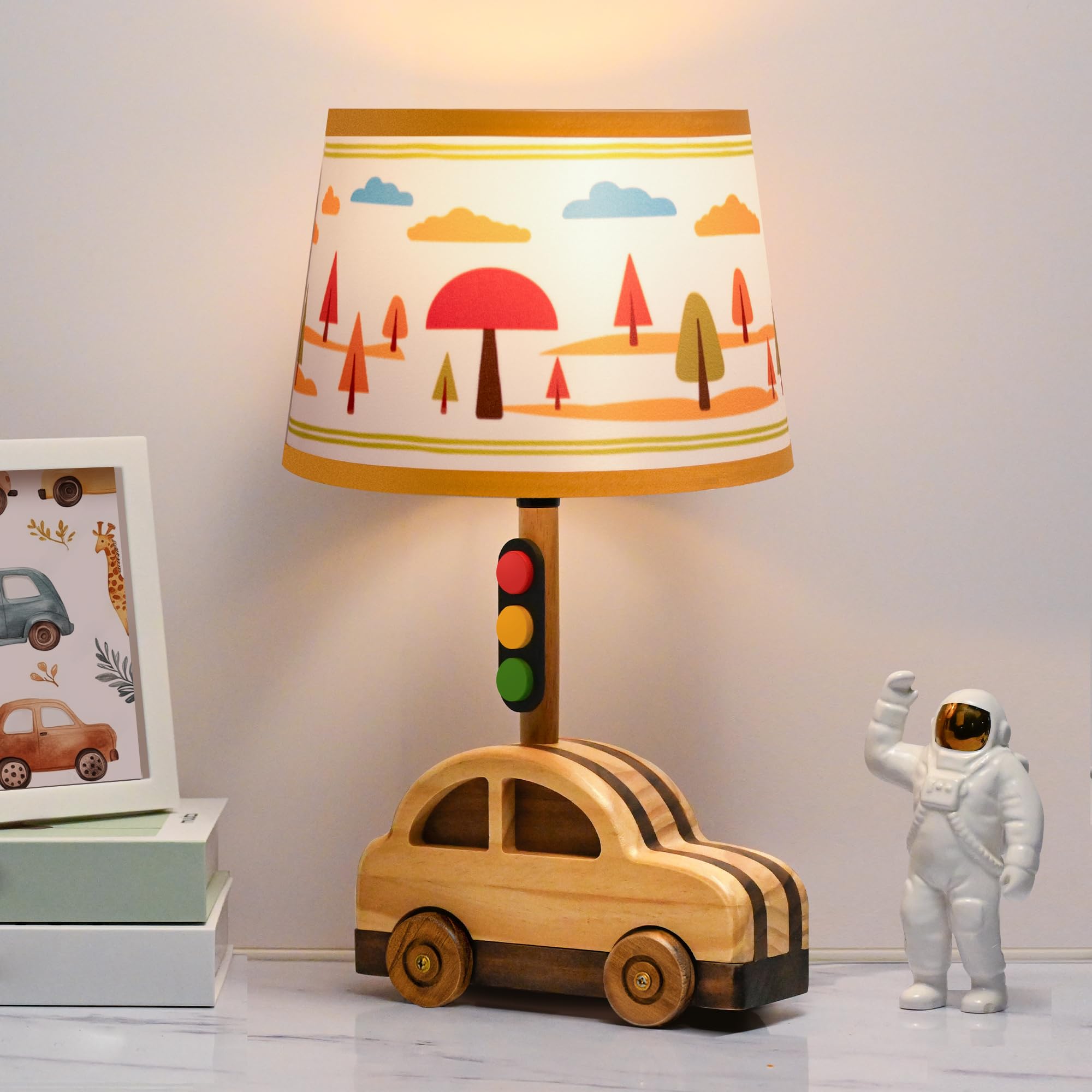 Crossmoon Kids' Dimmable Table Lamp, Ul/Etl Child Safe Natural Wood Car Stoplight Creative Design, 15 Inch Tall Handmade Small Nursery Lamp, For Toddler Boys Girls (Car)