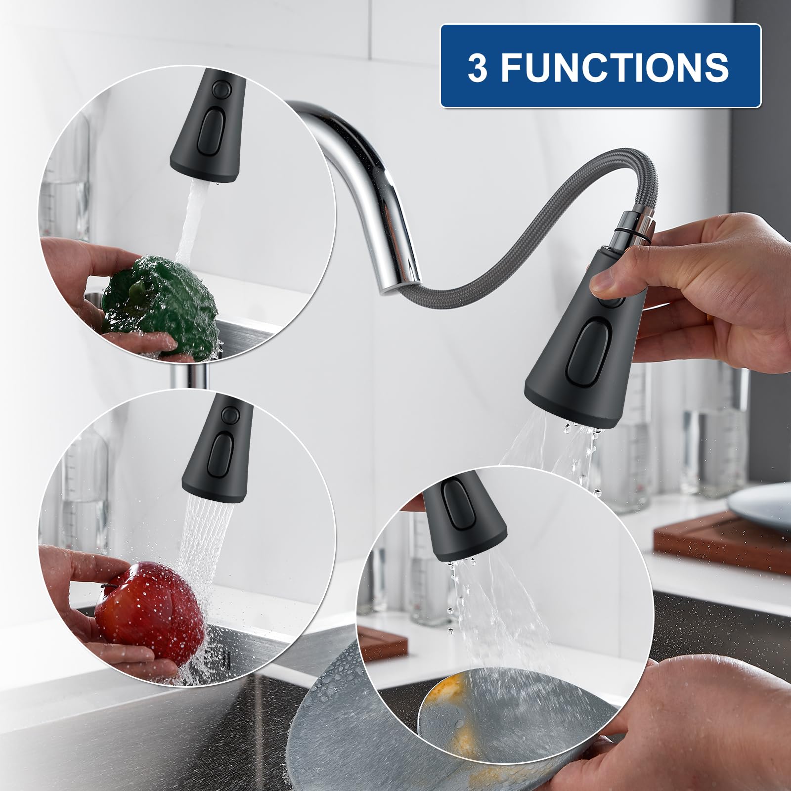 Qaoyede Pull Down Kitchen Faucet Head Replacement Parts,Sprayer Nozzle With 9 Adapters For Kitchen Sink Faucet, Stream Spray And Dual Waterfall Modes, Black