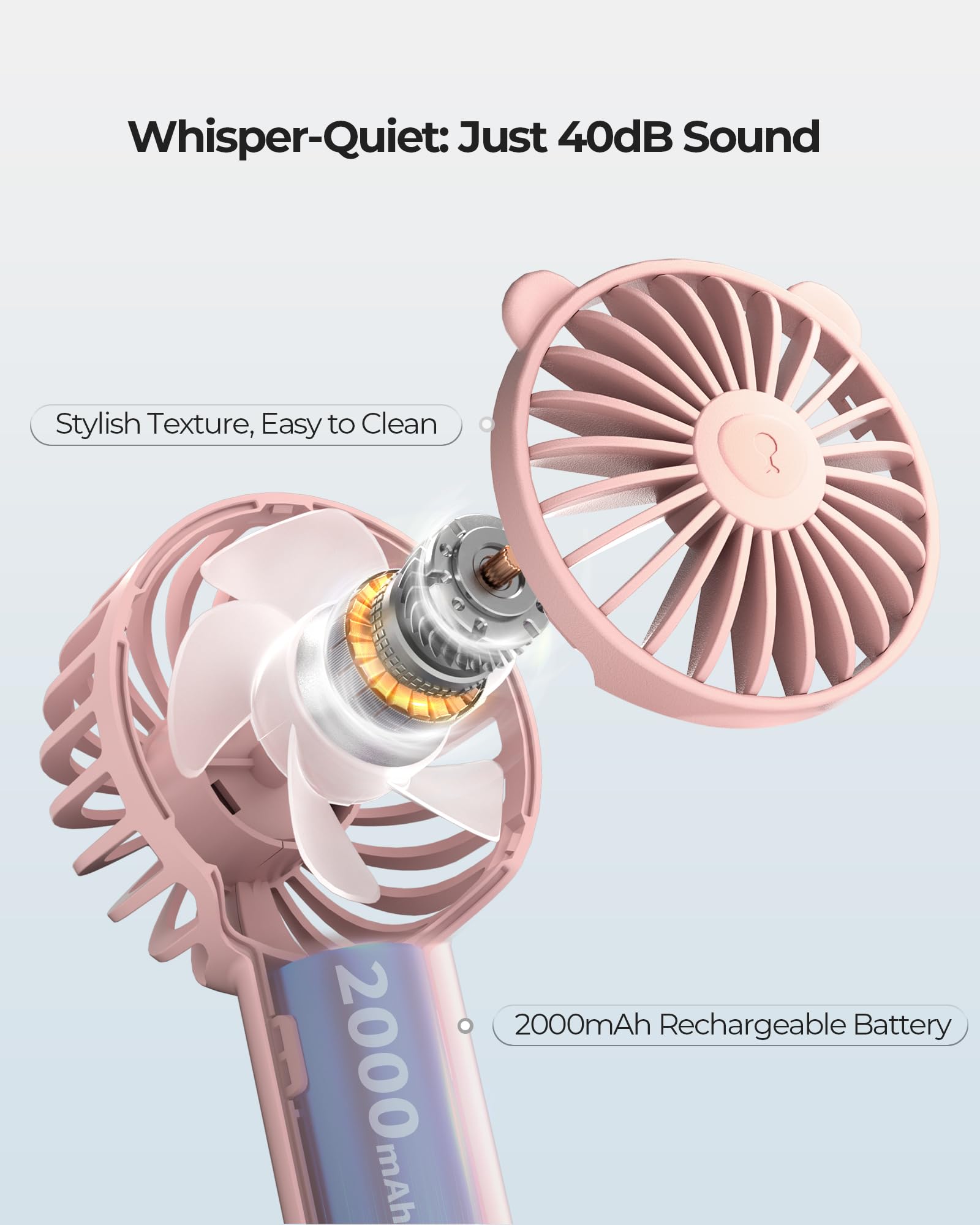 Mini Portable Fan, Handheld Fan with 3 Speeds for 2000mAh Battery USB-C Rechargeable, 3-Speed Quiet Operation, Stylish for Outdoors & Travel