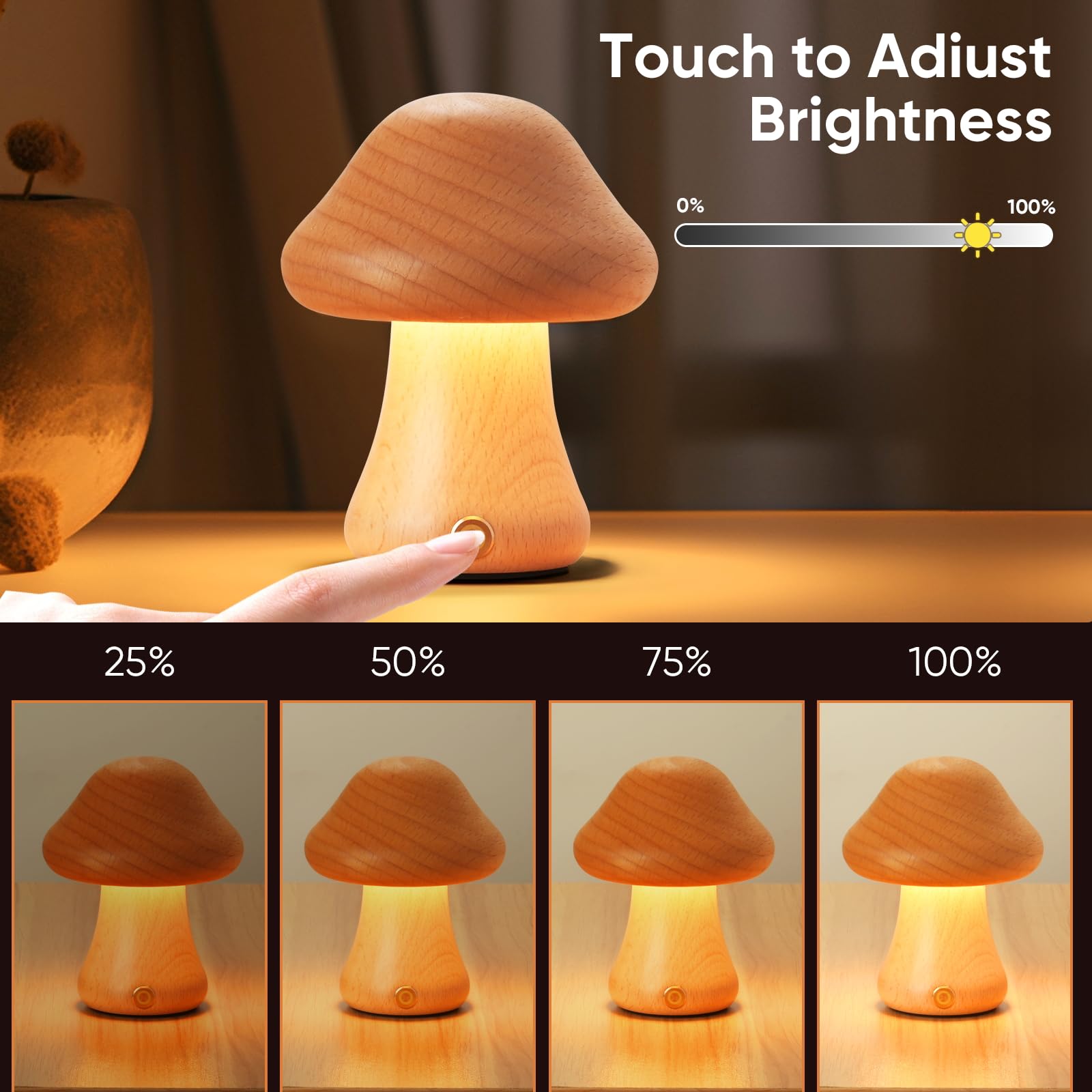 Lonrisway Creative Wood Mushroom Table Lamp, Led Desk Lamp, Bedroom Bedside Night Light, Dimmable Led Lighting, Creative Home Decor Table Lamp, Unique House Warm