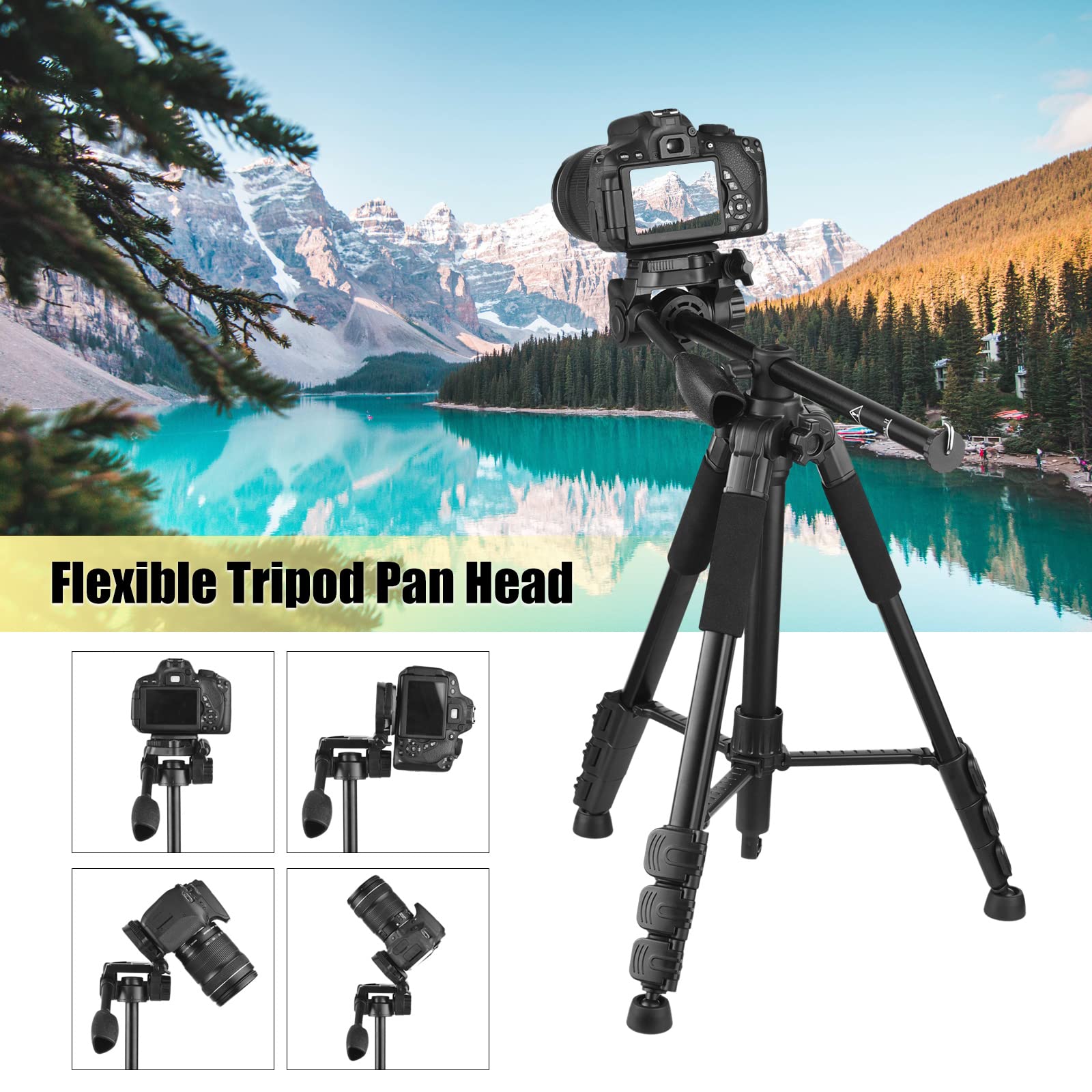 Andoer 157Cm/61.8Inch Portable Tripod Horizontal Camera Tripod Stand Aluminum Alloy 5Kg/11Lbs Load Capacity 1/4 Inch Screw Connection With Phone Clamp Carry Bag For Vlog Live Streaming Video Recording