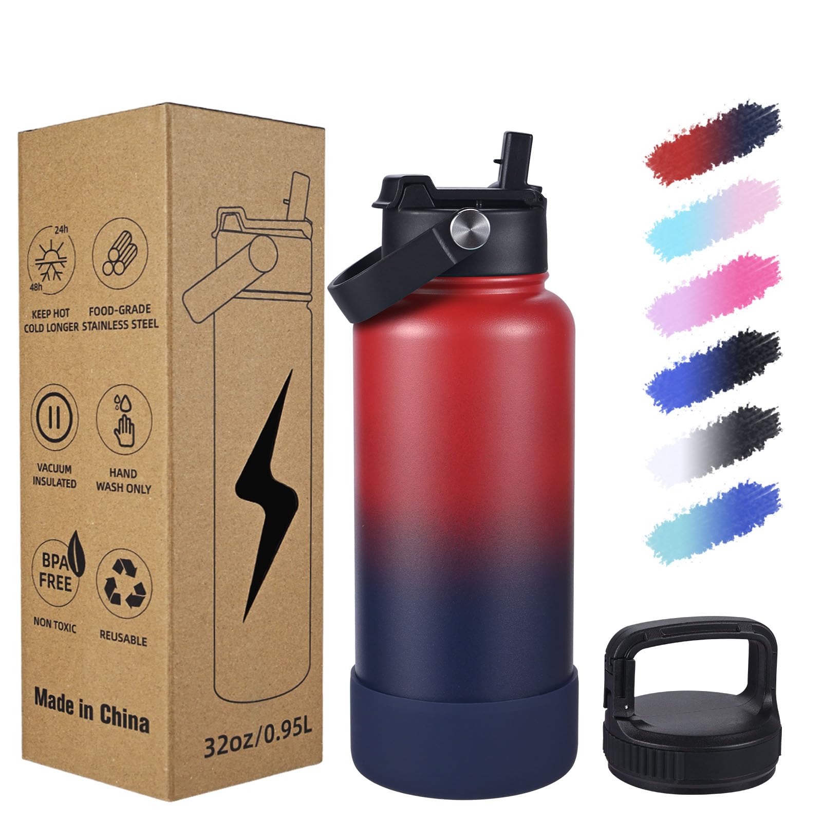 Colorsub 32Oz Insulated Water Bottle With 2 Lids (Straw Chug And Handle Lid), Stainless Steel