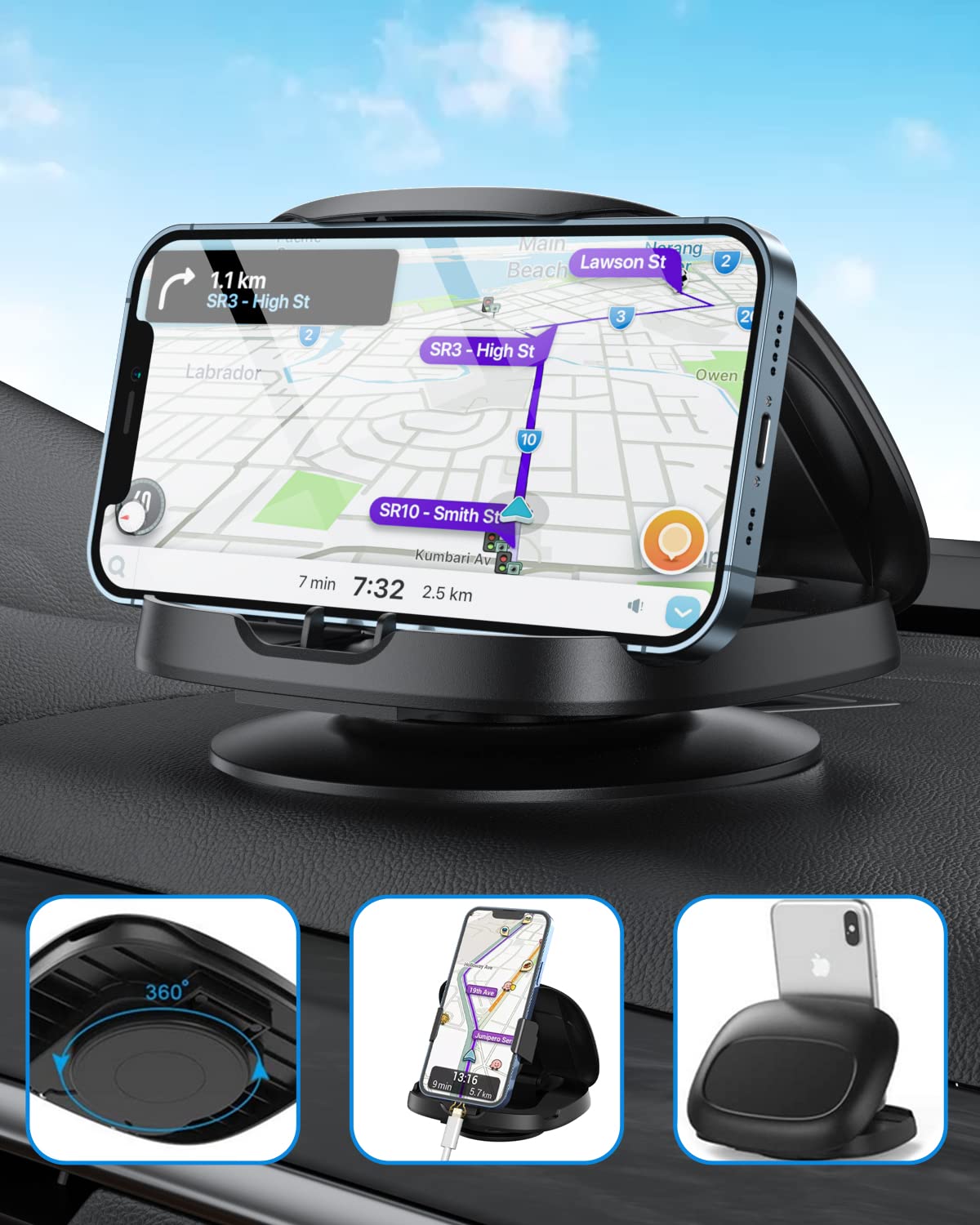 Awelbuy Phone Mount For Car, 360° Rotatable Dashboard Horizontal & Vertical Viewing Cell Phone Holder, Washable Reusable Car Phone Mount, For Iphone Samsung & Smartphones
