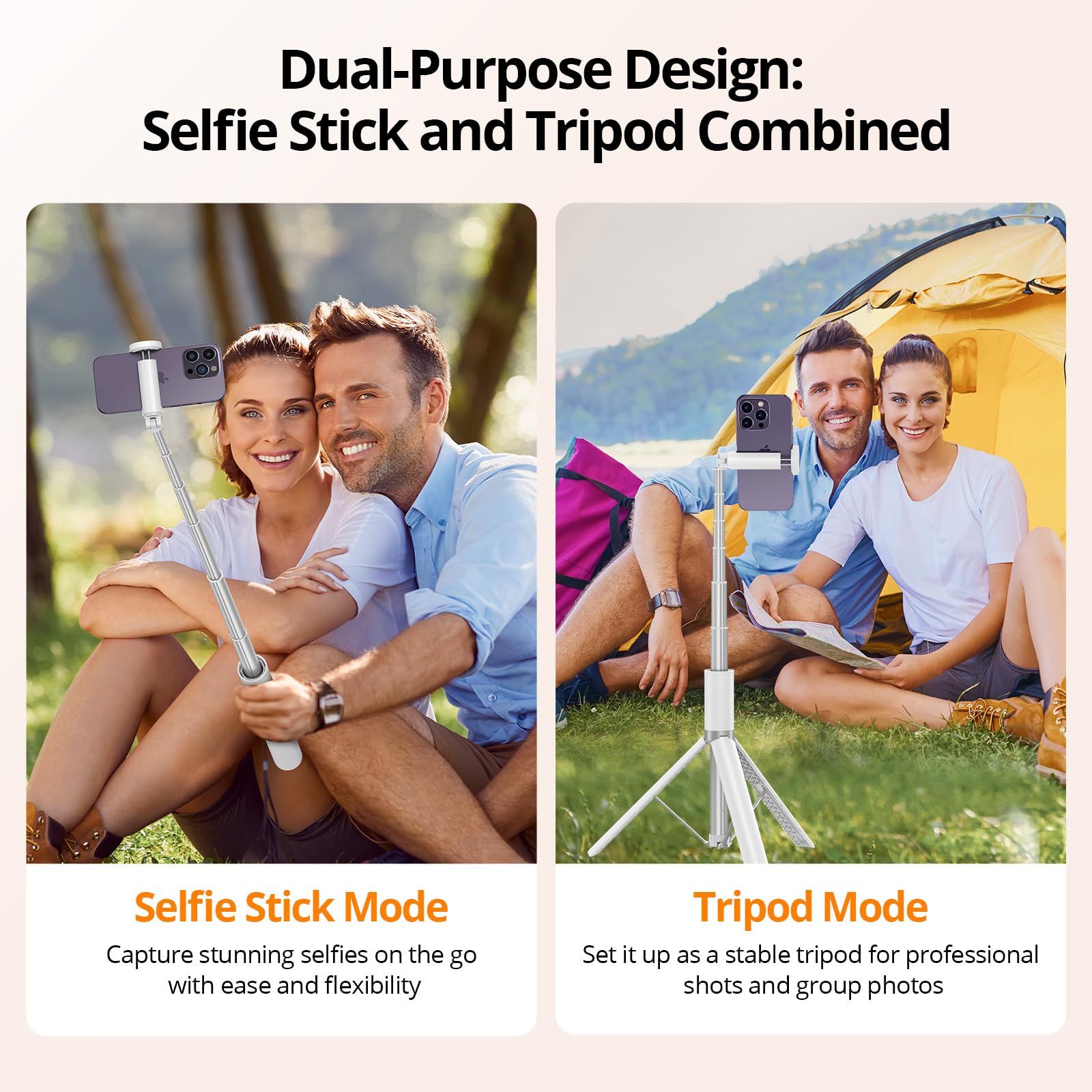 Atumtek 55" Selfie Stick Tripod, All-In-One Extendable Aluminum Phone Tripod With Rechargeable Bluetooth Remote, 360 Rotatable For Iphone 15 Pro Max/15/14/13 Samsung Smartphones, White