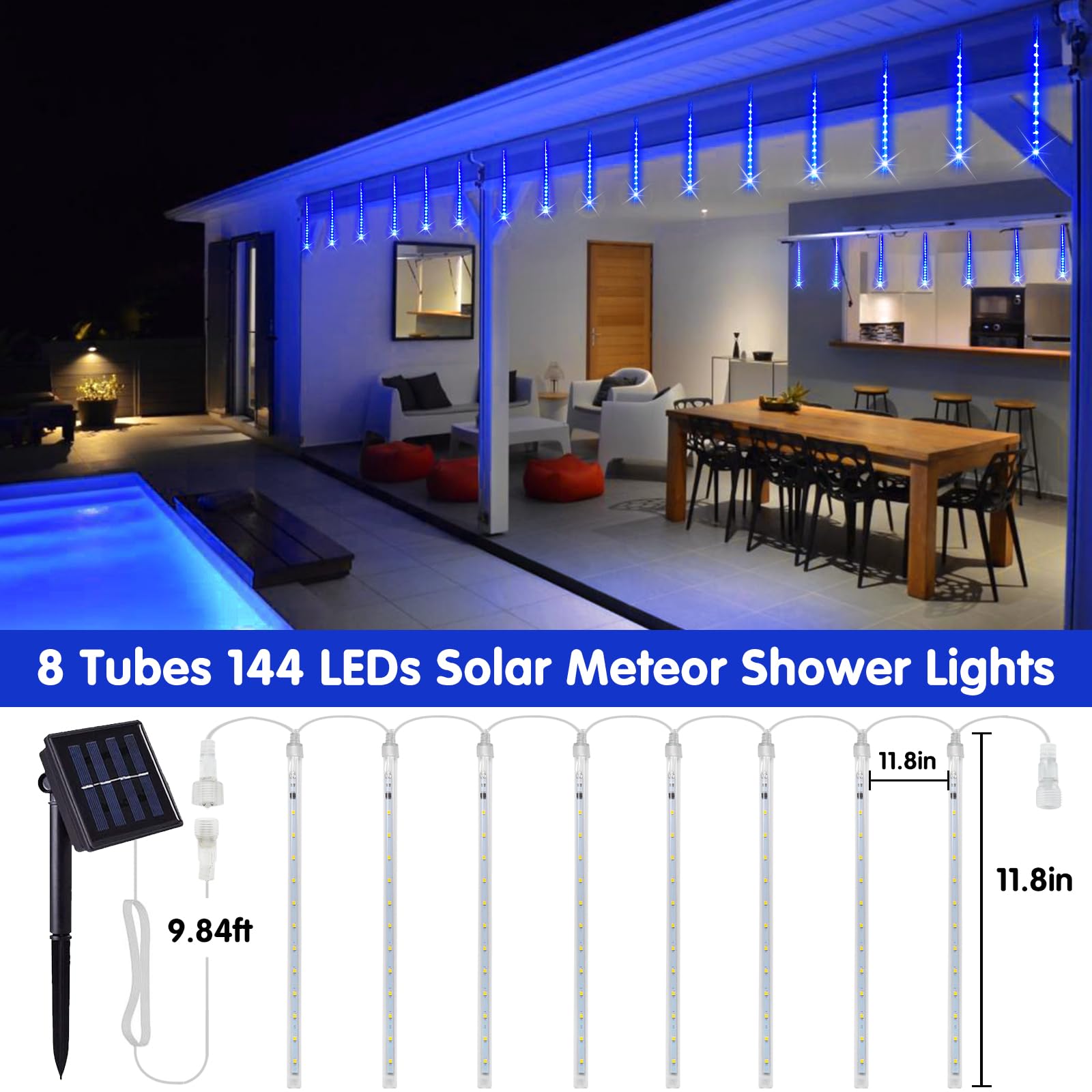Jmexsuss Solar Meteor Shower Lights Outdoor, 8 Tube 144 Leds Solar String Lights Outdoor Waterproof For Tree Icicle Garden Yard Party Patio Christmas Decor (Blue)