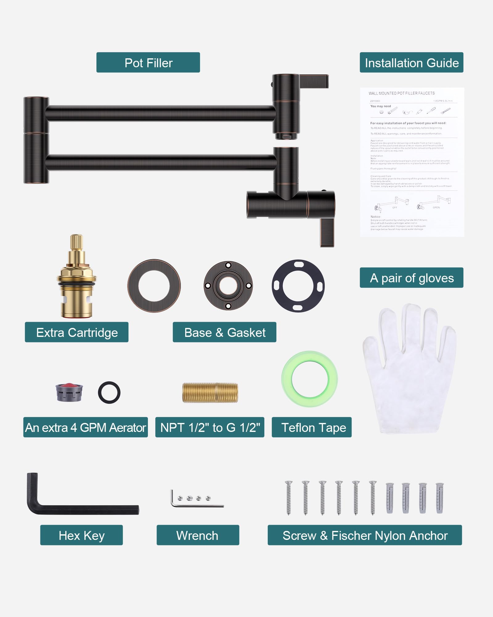 Arcora Pot Filler Faucet Oil Rubbed Bronze, Traditional Pot Filler Wall Mount 2 Handle With Double Joint Swing Arms Brass Stove Faucet