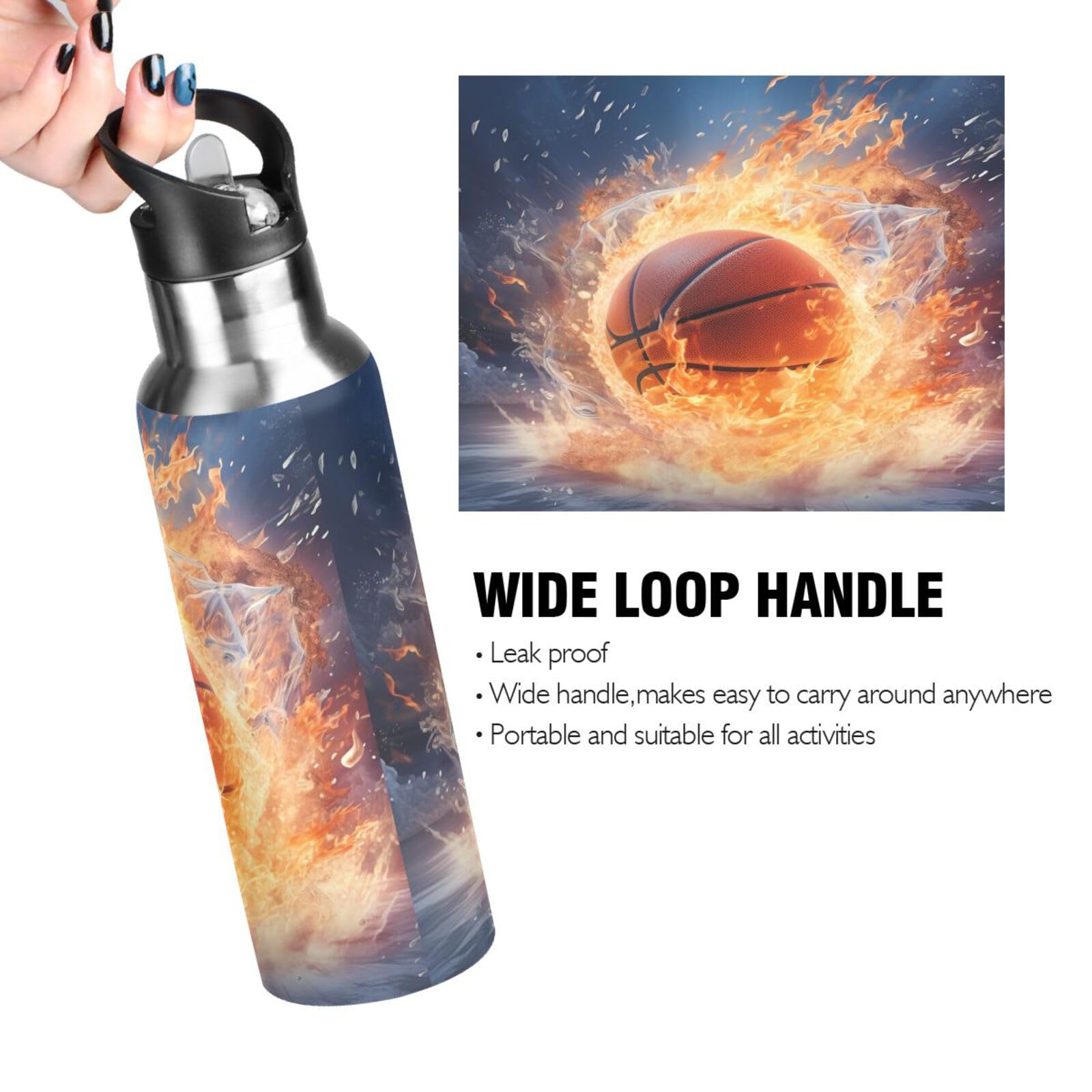 Water Bottle With Straw Lid Leak Basketball With Snow And Fire Stainless Steel Metal Double Wall
