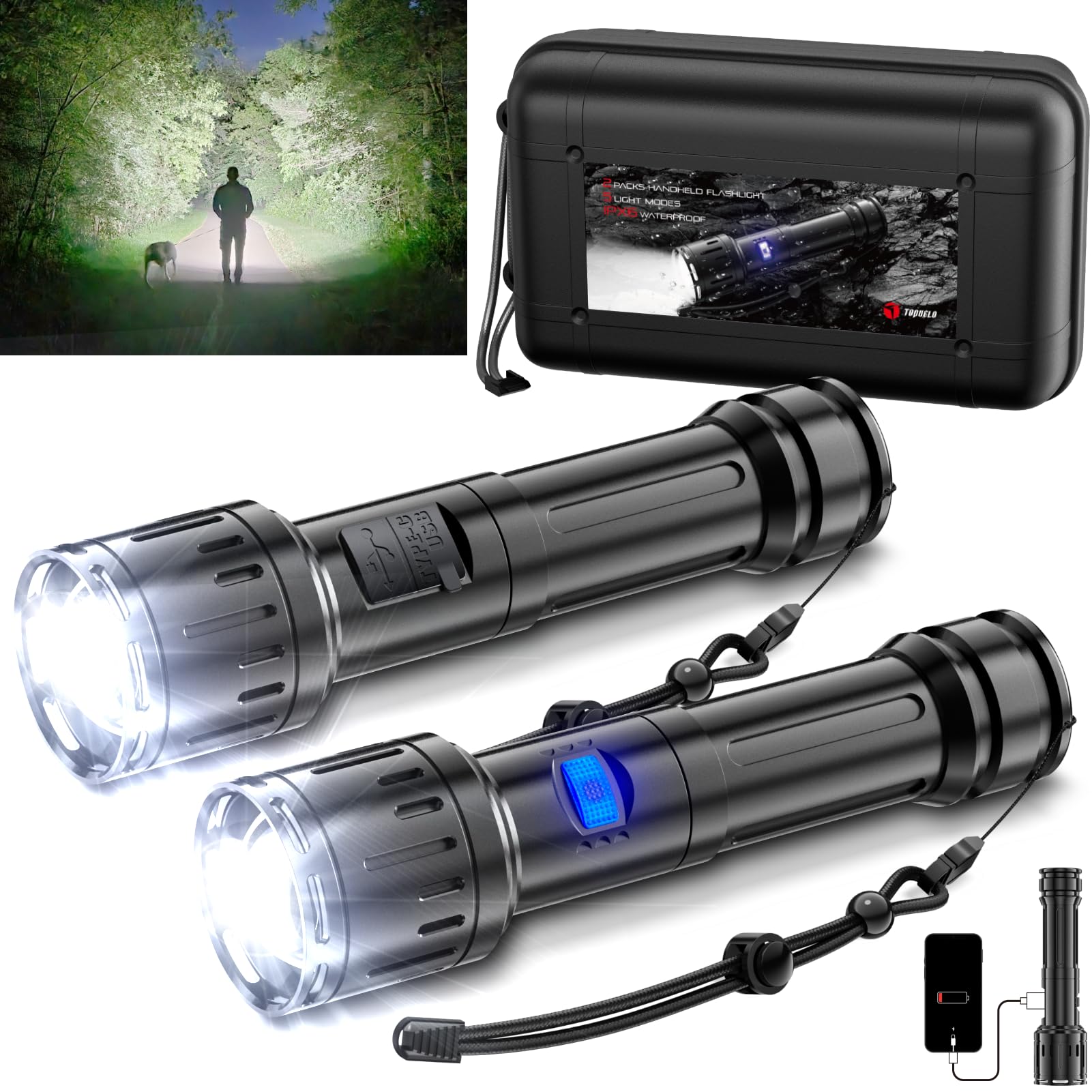 Topvelo Super Bright Flashlight 2 Packs, High Lumens Rechargeable Flashlight With 5 Light Modes And Supports Cell Phone Charging