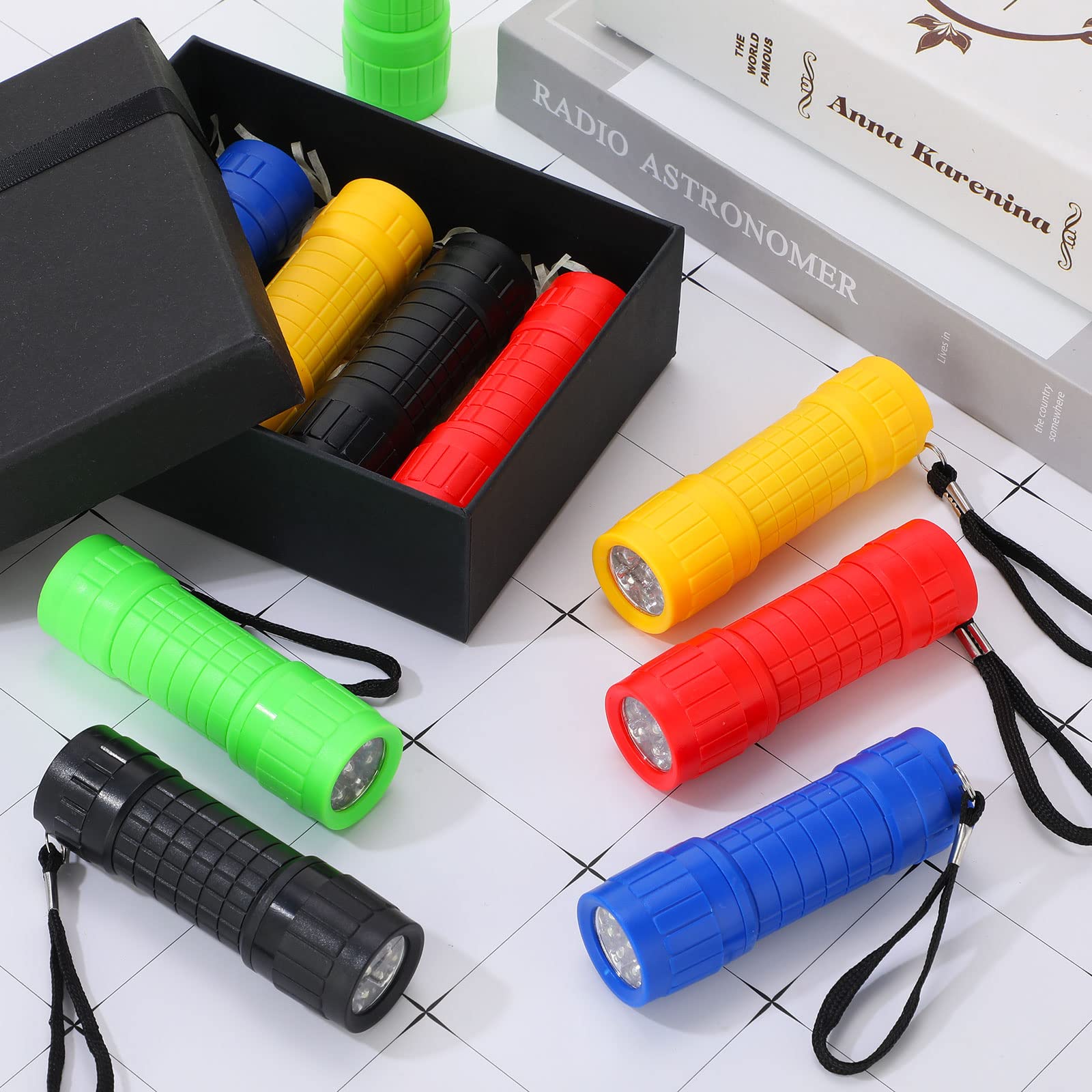 Riakrum 60 Pack 9 Led Flashlight Bulk Small Plastic Handheld Flashlights With Lanyard For Home School Night Reading Emergency Christmas , Aaa Batteries Included(Fresh Color)