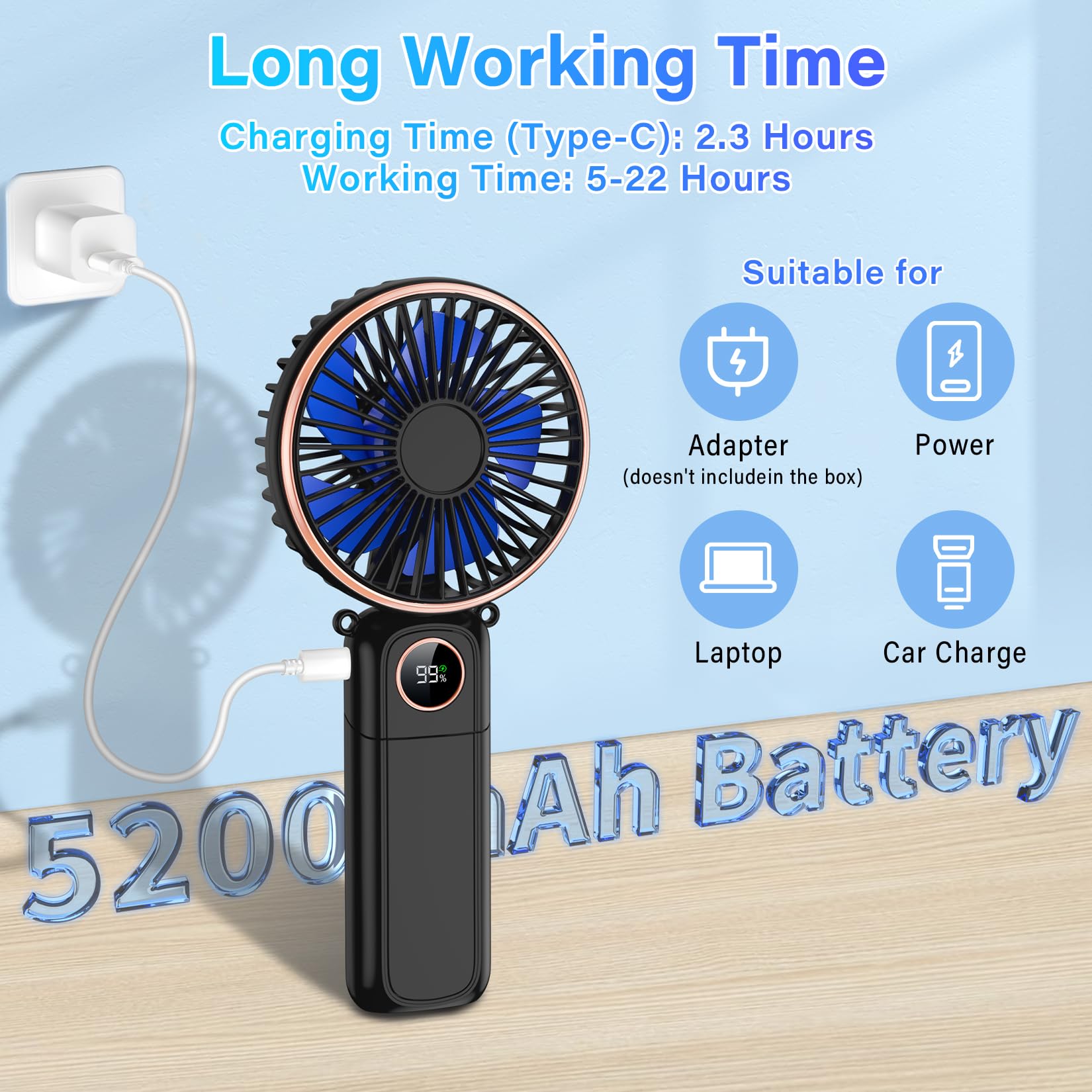 Portable Handheld Fan 5200Mah Usb Rechargeable, 180° Foldable Electric Personal Small Mini Hand Held