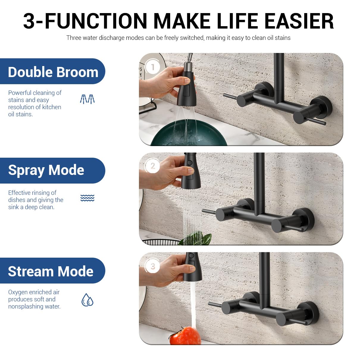 Yuhuby Wall Mount Kitchen Faucet With Pull Down Sprayer 3 Functions, 304 Stainless Steel Wall Mount Faucet 8 Inch Center, 2 Handle Kitchen Sink Faucet High Arc 360° Swivel, Matte Black