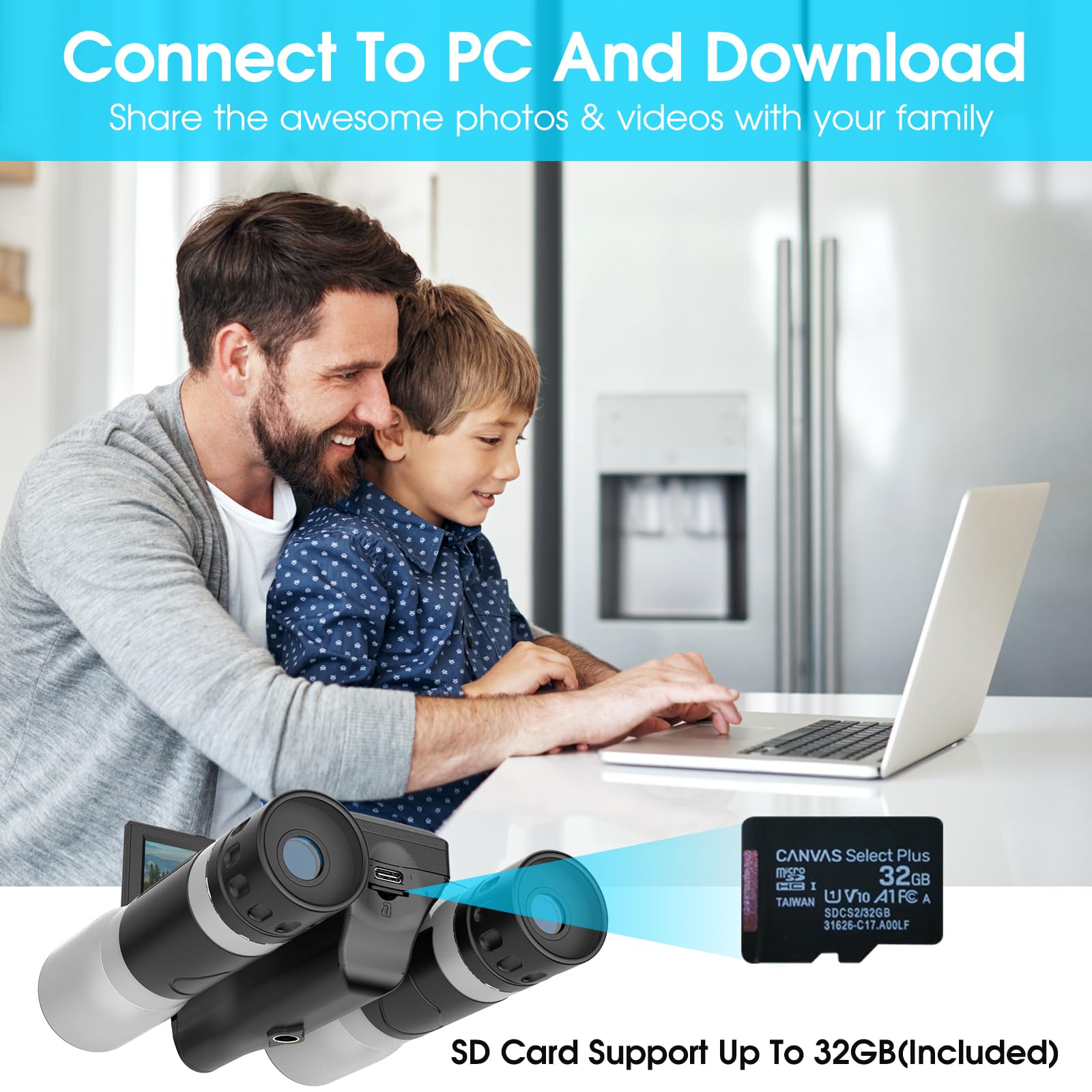 Zzstar 12X32 Binoculars With Camera, Binoculars For Adults, 2" Ltps Display 5Mp 1080P Video Photo Recorder For Bird Watching Travel Hunting, With 32Gb Micro Sd Card, Silvery