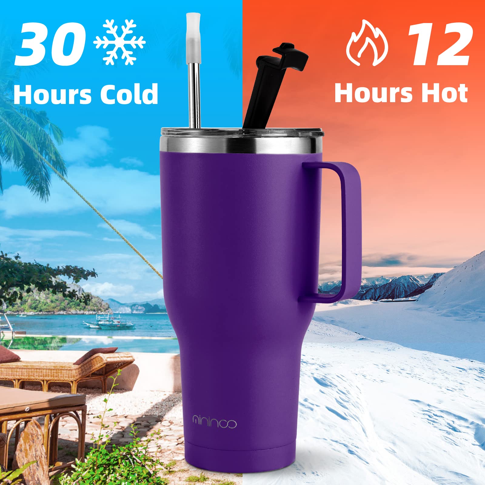 Mininoo 40 Oz Purple Tumbler With Handle And Straw, Cup Holder Friendly Insulated Stainless Steel