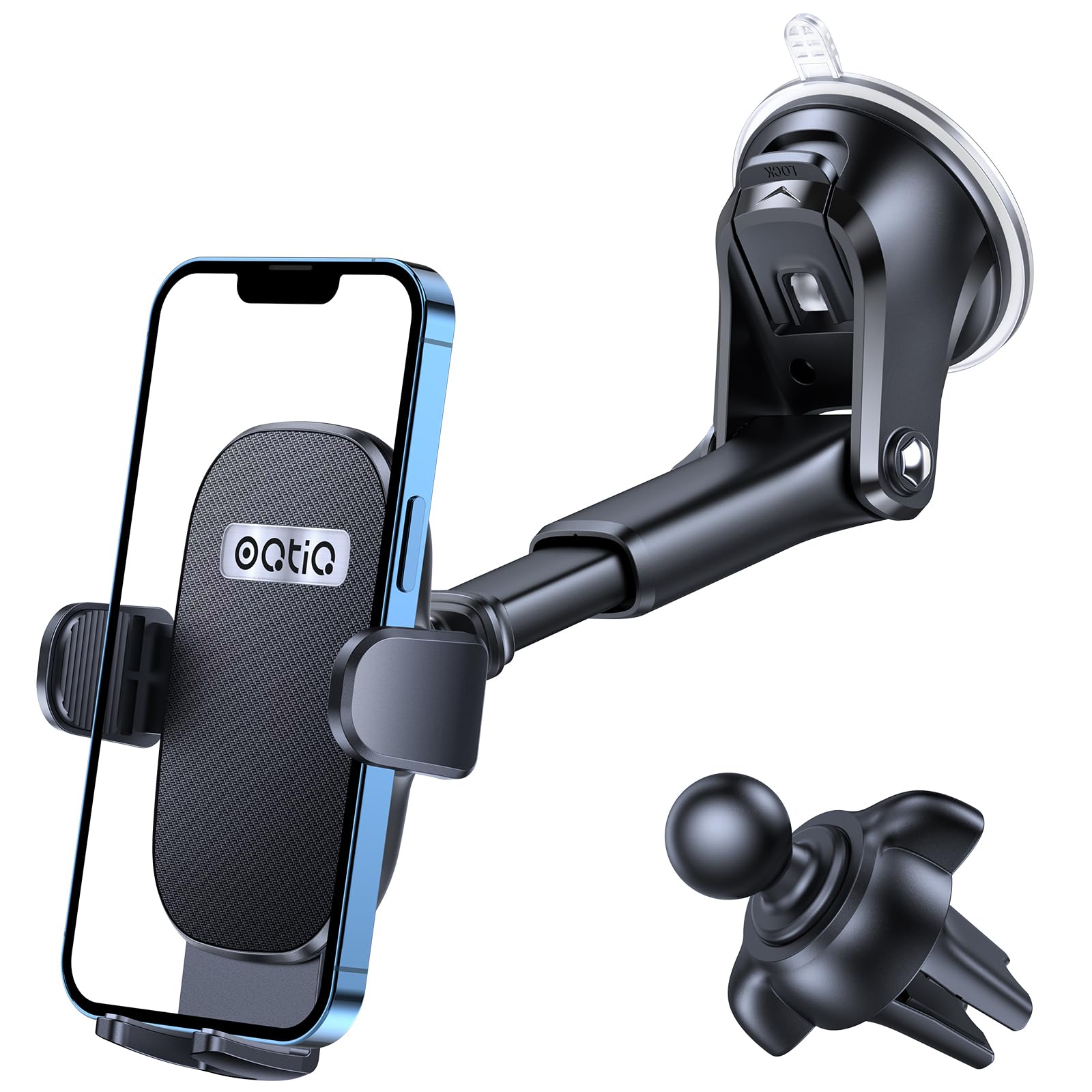 Oqtiq 3-In-1 Car Phone Mount – Dashboard, Windshield & Air Vent Holder With Strong Suction Cup, Adjustable Arm, 360° Rotation – Compatible With Iphone & Android Phones