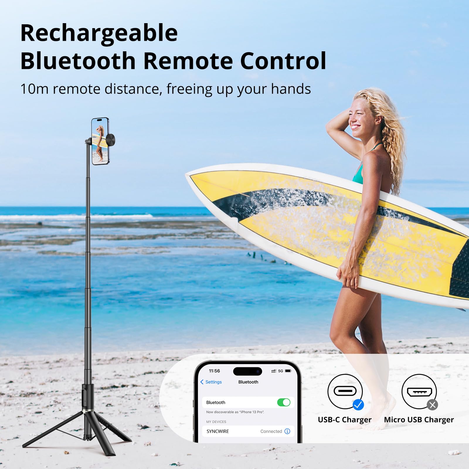 Syncwire 55" Selfie Stick Phone Tripod, All-In-One Extendable Aluminum Cell Phone Tripod Stand Travel Tripod With Rechargeable Bluetooth Remote, Compatible With Iphone, Samsung And More Android Phone