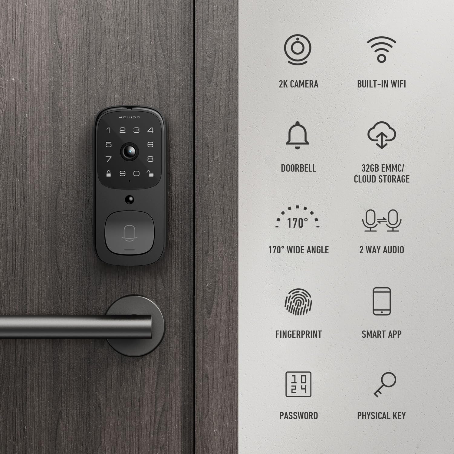 Havion Deadbolt Smart Lock W/Camera - By Niu Inno., Incl. Chime, 3-In-1 Wi-Fi Deadbolt+Camera+Video Doorbell Keyless Fingerprint Lock For Entry Front Door, 32Gb Emmc, 10000Mah, 2K Qhd & 170° View