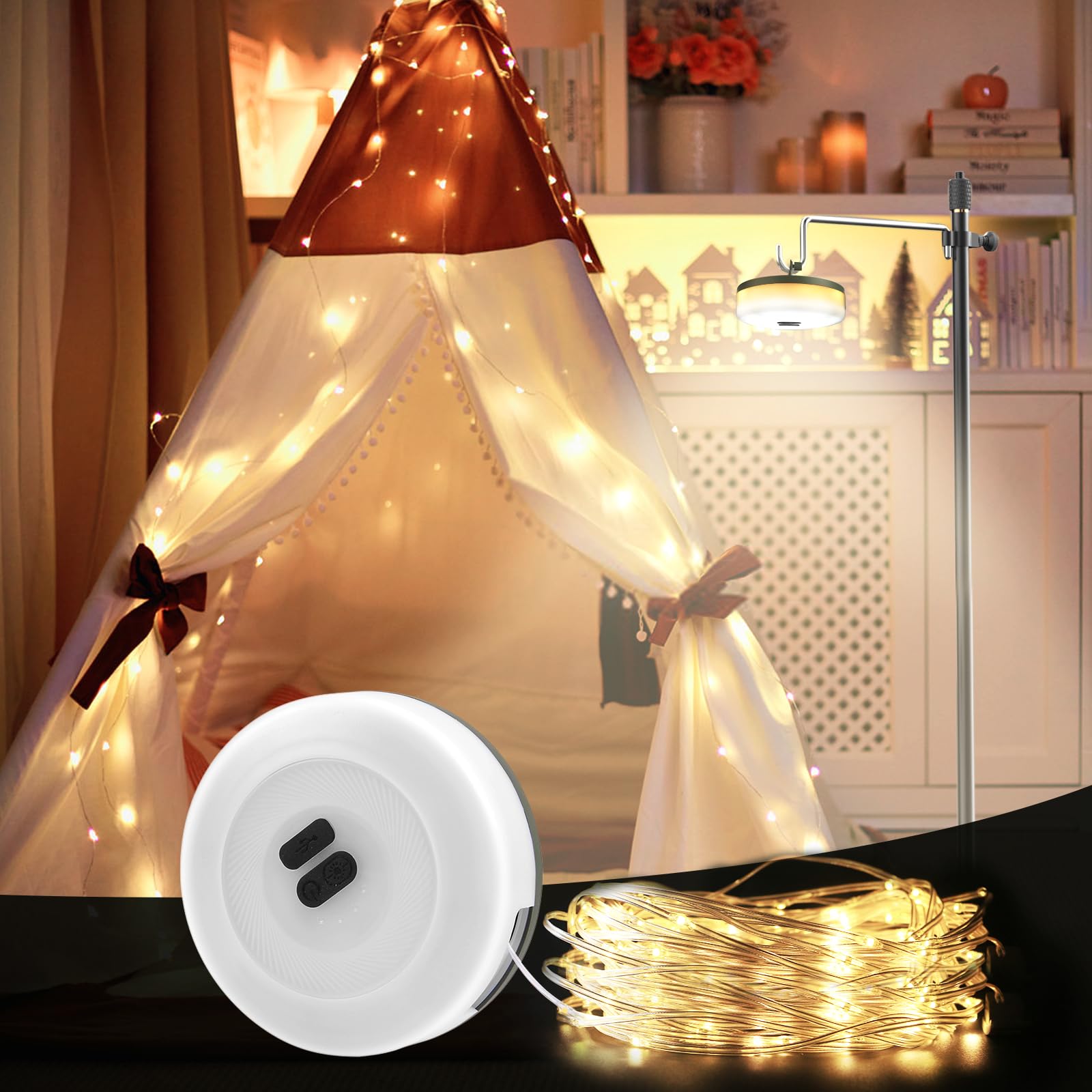 Ehome Camping String Lights, 2 In 1 Tent Lights With 8 Lighting Modes 32.8Ft Rechargeable Waterproof Portable Led Tent Lights For Camping, Camp Light For Camping, Yard, Hiking, Garden Party Decor